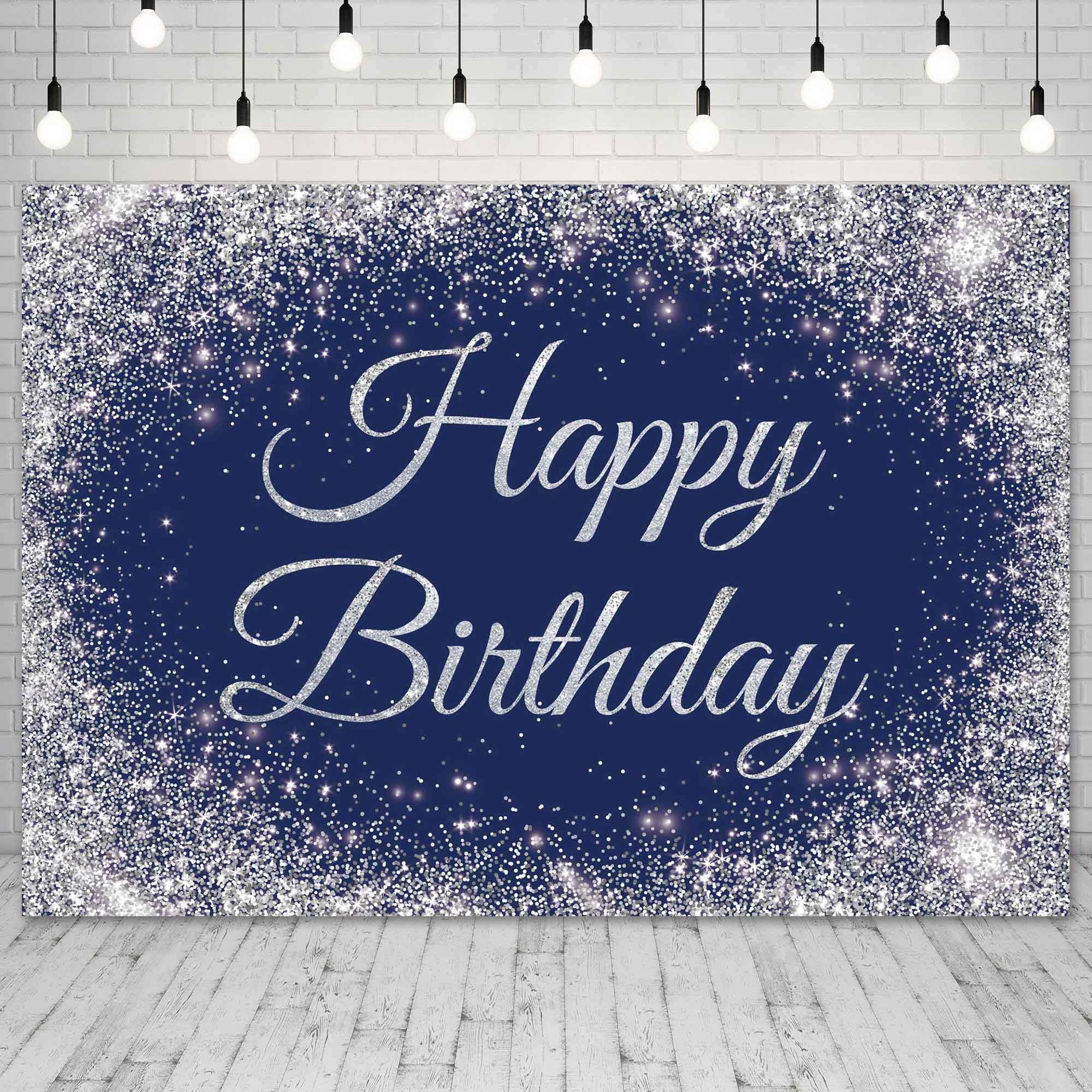 Livucee 10X8Ft Navy Blue And Silver Happy Birthday Banner Backdrop Glitter Spots Decorations Photography Background Party Wall S