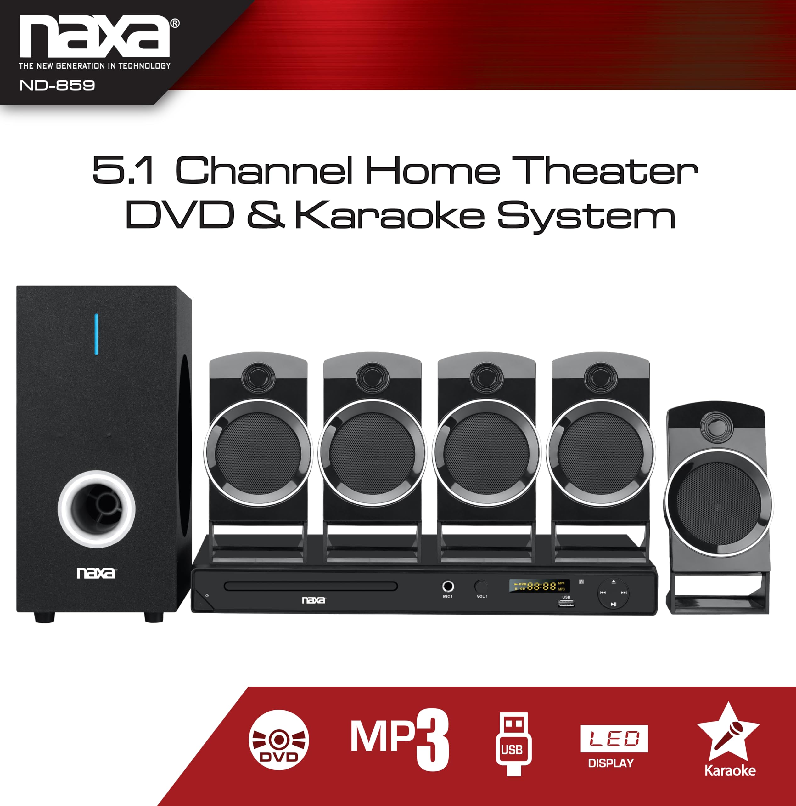 Naxa Electronics Nd 859 5.1 Channel Home Theater Dvd/Digital Media Player And Karaoke System, Black