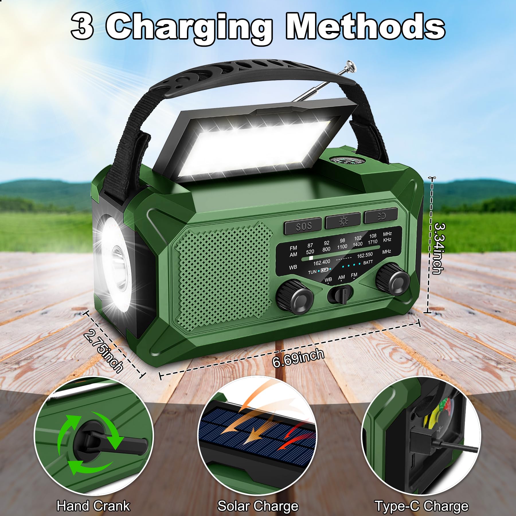 10000Mah Emergency Weather Radio With Solar Charging, Hand Crank Radio Solar Radio Portable Radio Am/Fm/Noaa Radio Led Flashligh