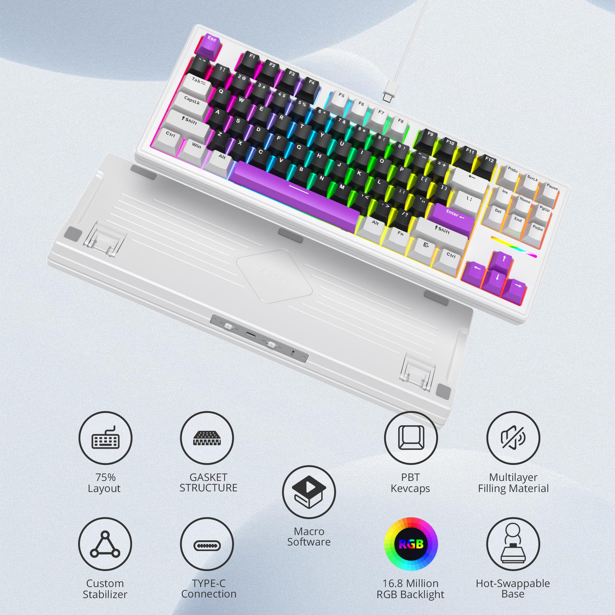 Mosptnspg 80% Tkl Wired Mechanical Keyboard,Rgb Backlit Gasket Mount 87 Key Hot Swappable Custom Linear Switch Gaming Keyboard W