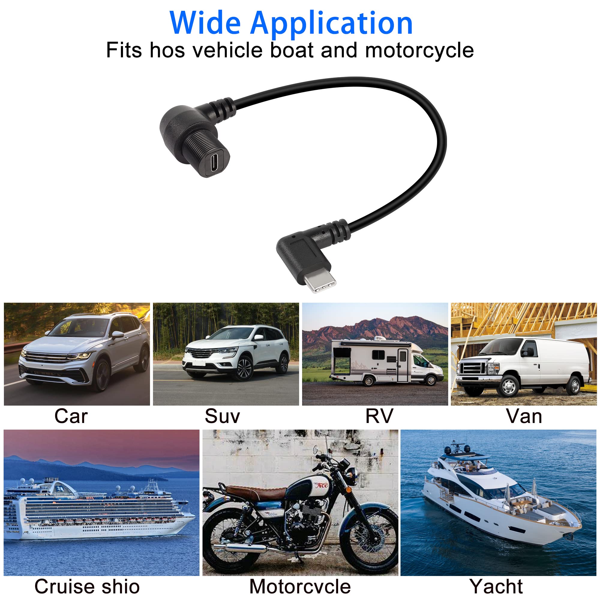 Qianrenon 90 Degree Angle Usb C Flush Panel Mount Cable Usb Type C 2.0 Female To Male Right Angle Waterproof Extension Cable, Th