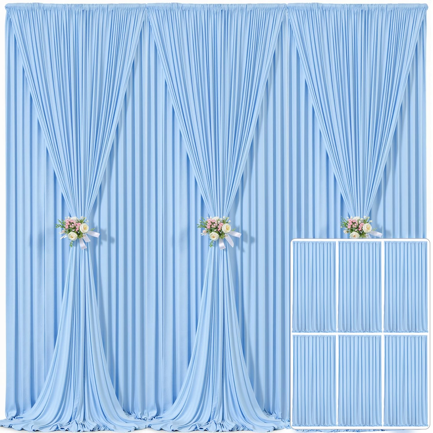 6 Panels Baby Blue Backdrop Curtain for Baby Shower Parties Wrinkle Free Light Blue Curtains Backdrop Drapes Fabric Decoration f
