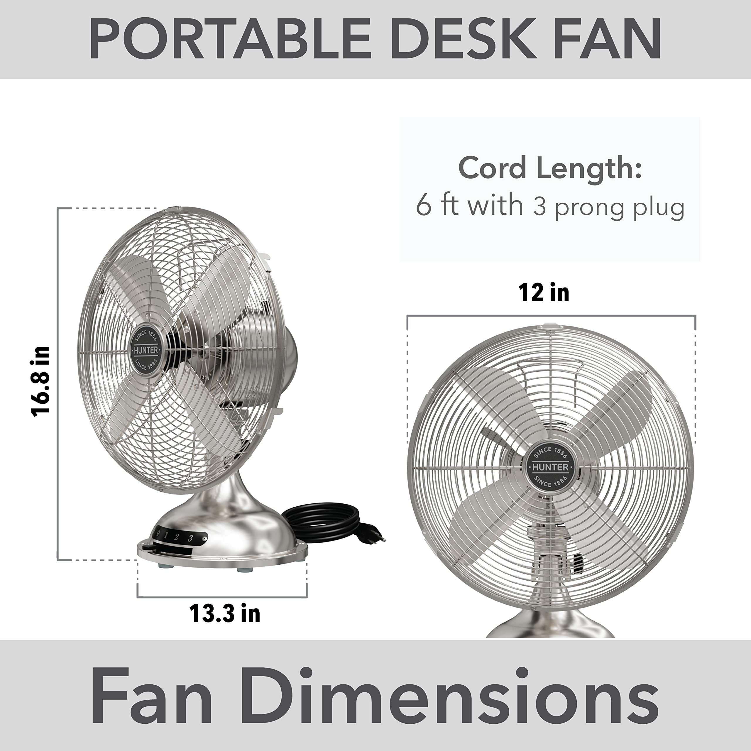 Hunter Classic D12 Portable Desk Fan 12 Inch, 3 Speed, Brushed Nickel, 97315