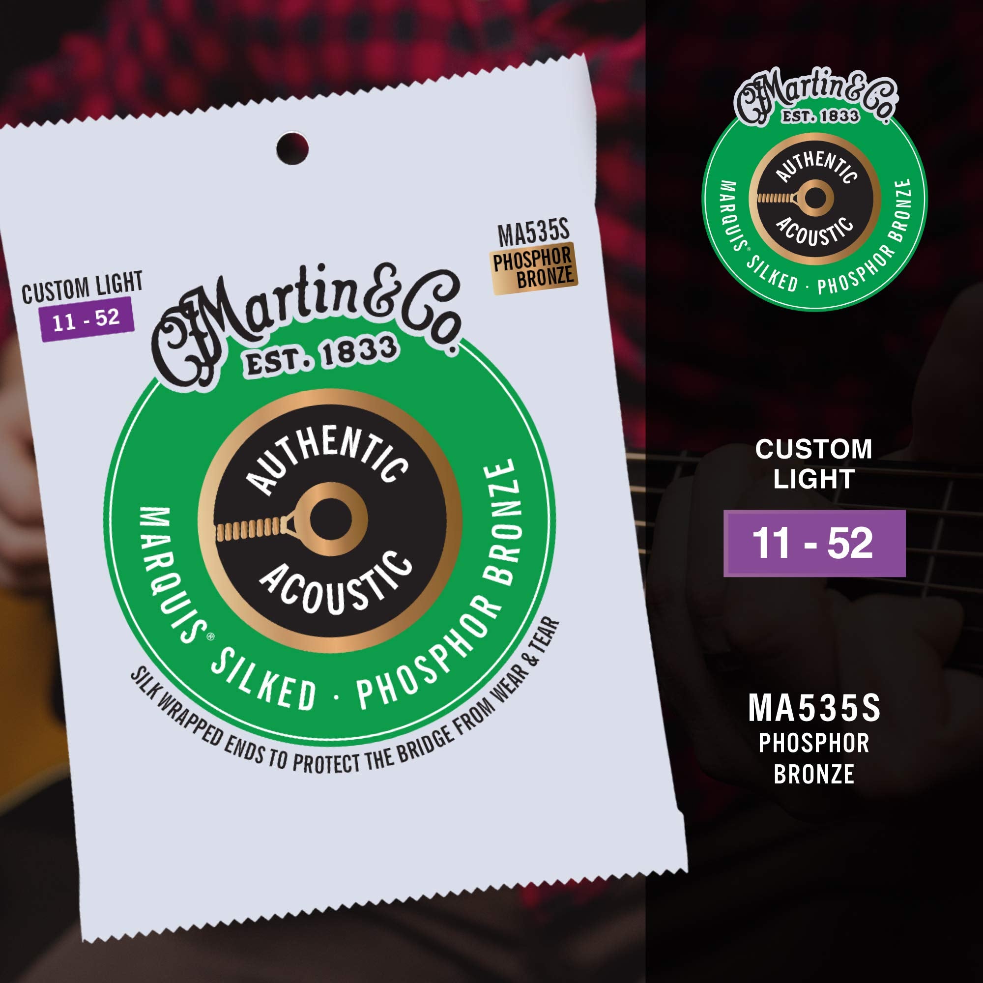 Martin Authentic Acoustic Marquis Silked Guitar Strings - Phosphor Bronze, Custom Light Gauge | Warm, Balanced Tone With Bridge