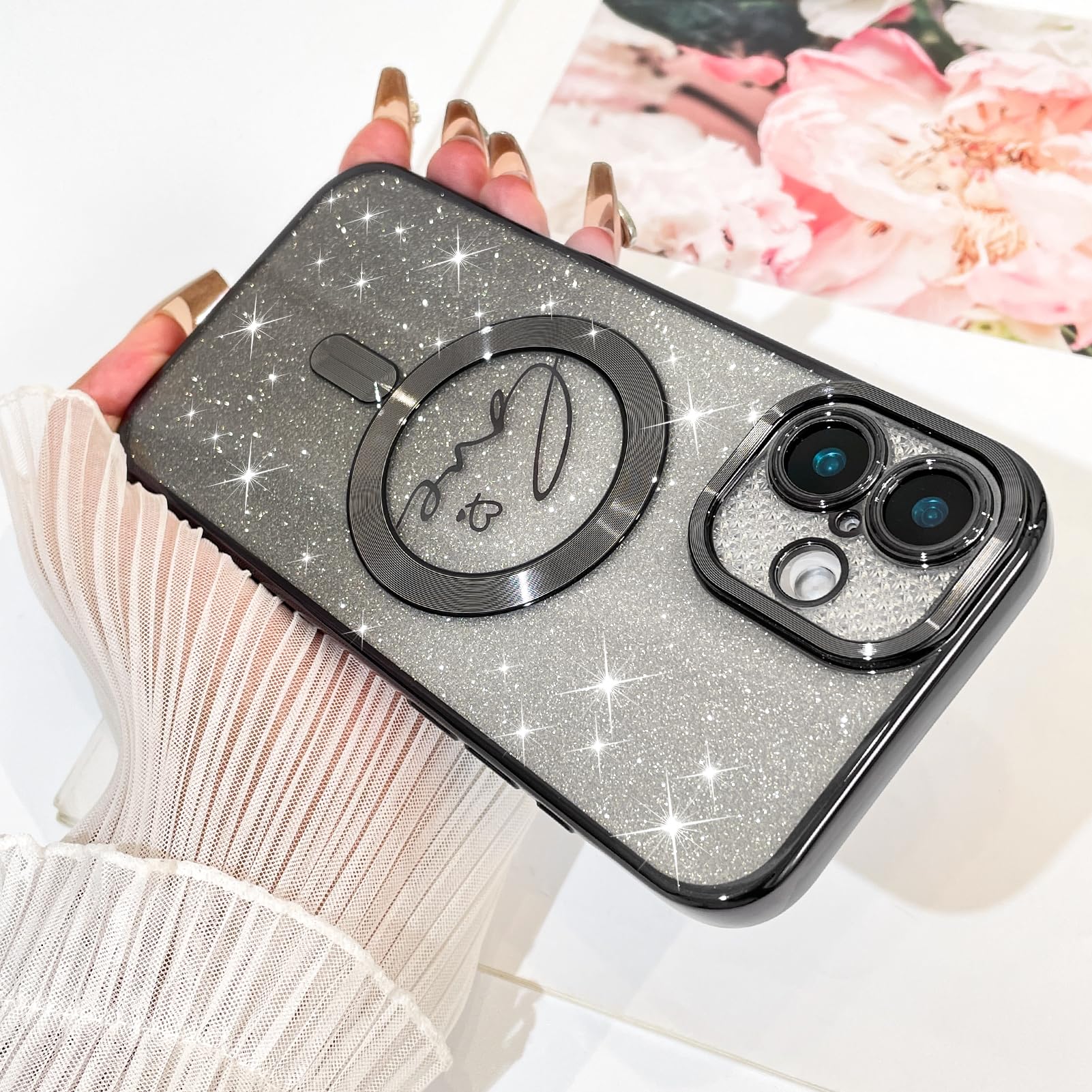 Fiyart Designed For Iphone 16 Plus Case,Compatible With Magsafe Love Hearts Plating Camera Protection Clear Phone Case, Magnetic