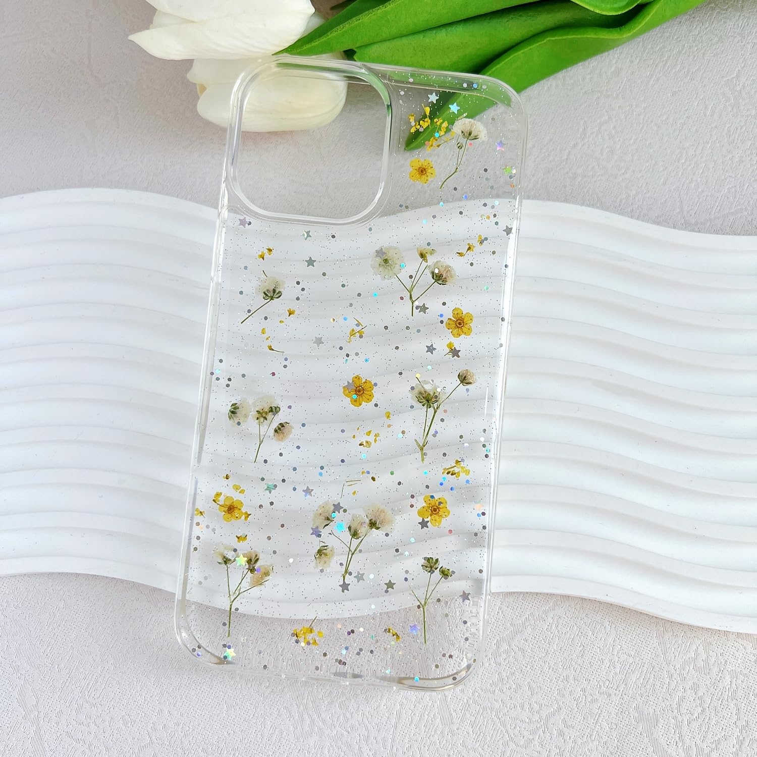 Lseeka For Iphone 13 Pro Max Clear Case With Pressed Real Flowers Design,Glitter Cute Yellow Floral Pattern Slim Soft Tpu Protec