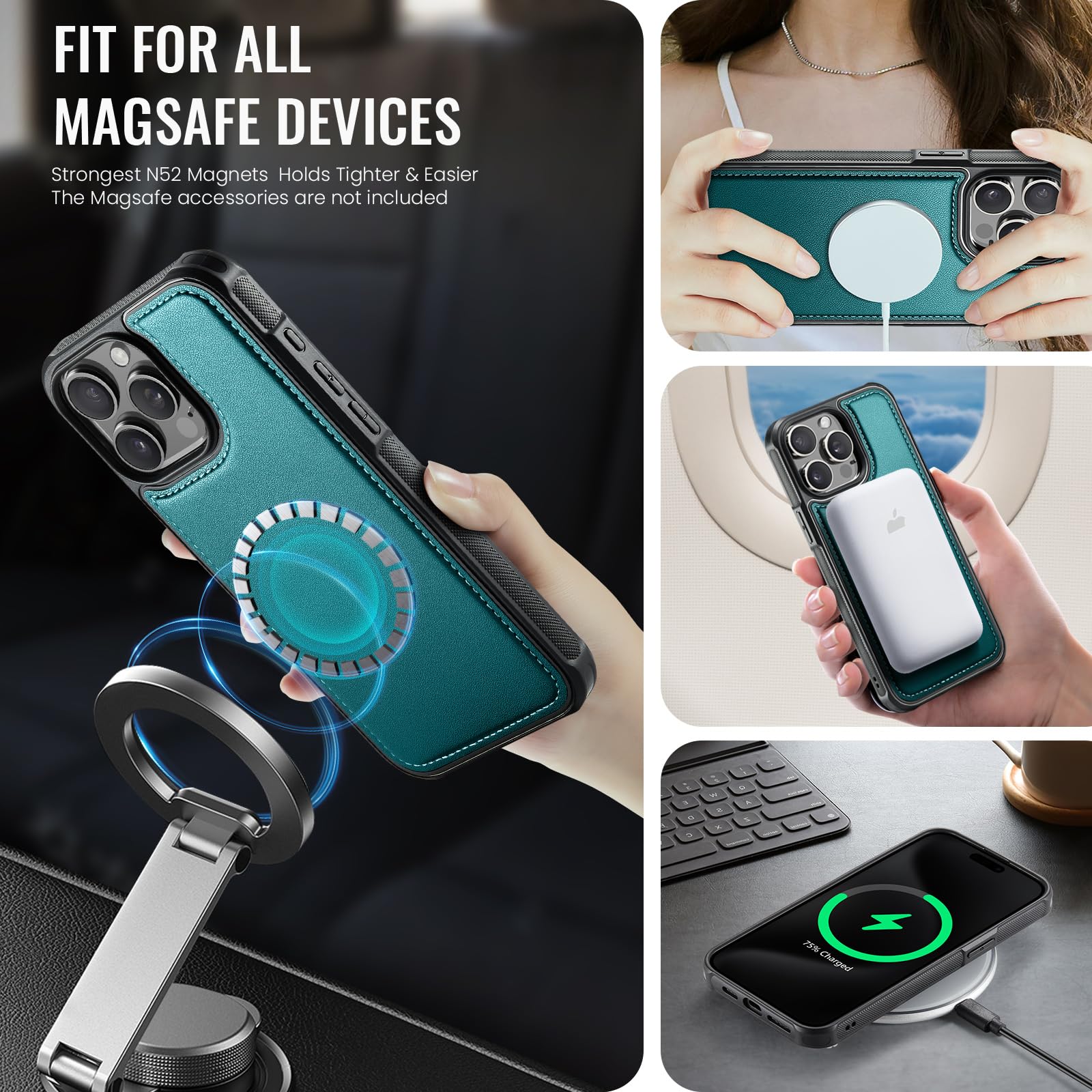 Usroom Compatible With Magsafe For Iphone 15 Pro Max Wallet Case Magnetic Card Holder, Rfid Blocking 2 In 1 Detachable Kickstand