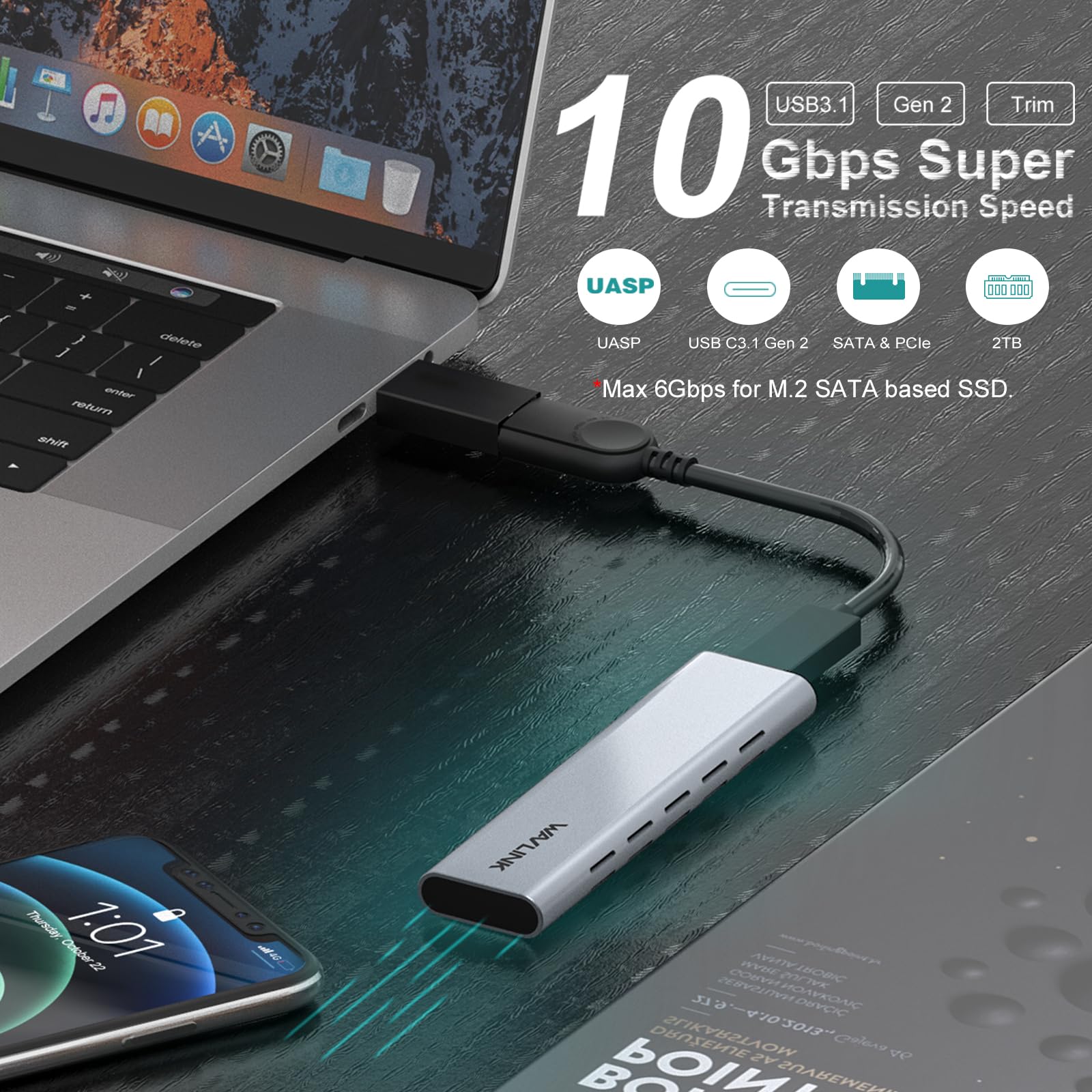 Wavlink Aluminum External M.2 Nvme And Sata Ssd Enclosure, Usb 10Gbps, Supports Uasp Trim For M Key/B+M Key Nvme Pcie And Sata Ssds In Sizes 2230/2242/2260/2280, Up To 8Tb