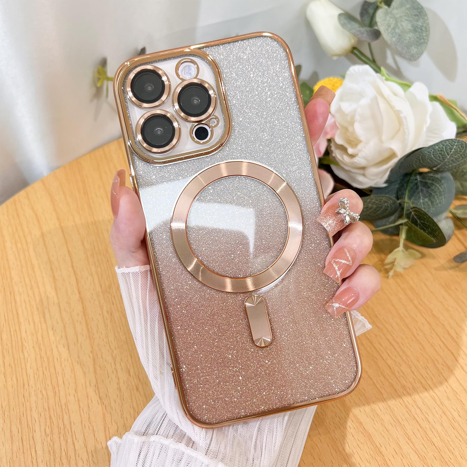 Illians Case For Iphone 14 Pro Max (Compatible With Magsafe) Camera Lens Protector Glitter Bling Plating Case Shockproof Protect