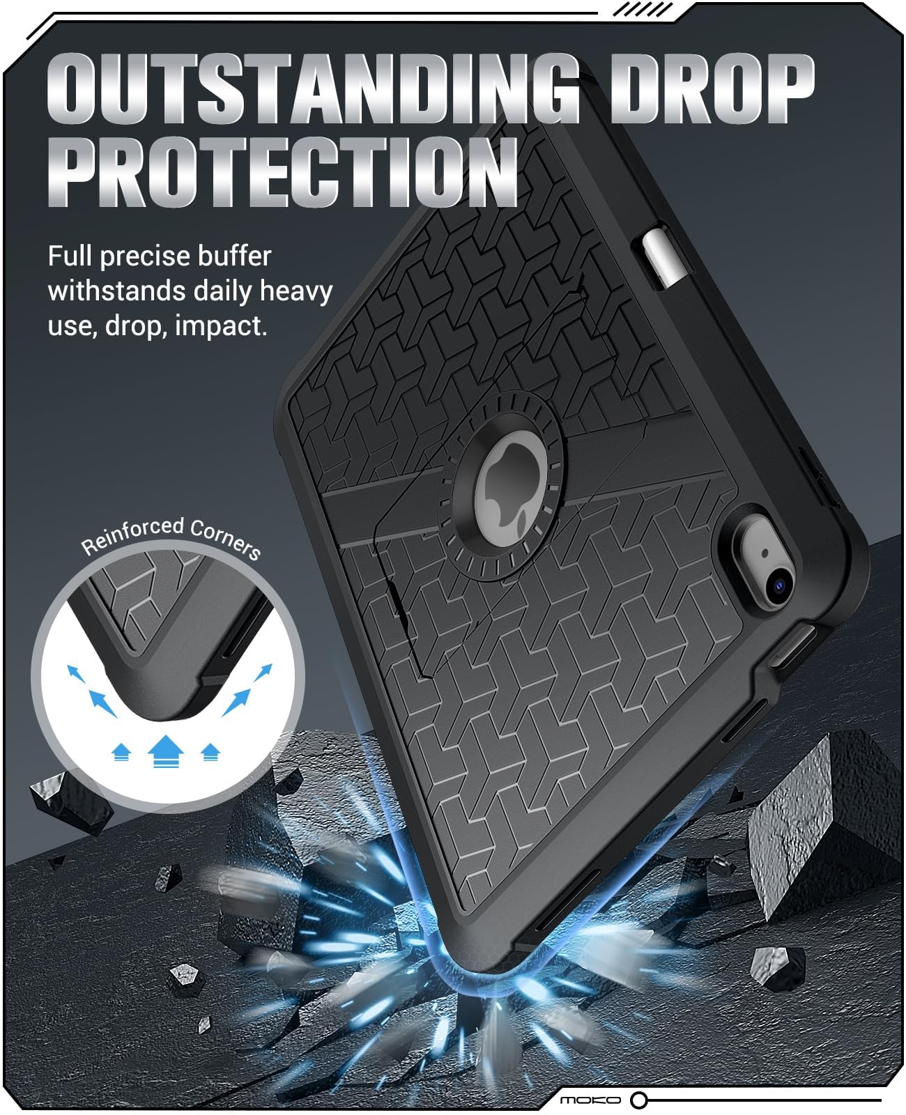 MoKo for iPad Air 6th Generation 11 Inch Case M2 2024, iPad Air 5th/4th Gen 2022/2020, Heavy Duty Shockproof Full Body Cover with Built in Screen Protector & Pencil Holder for iPad Air 6/5/4, Black