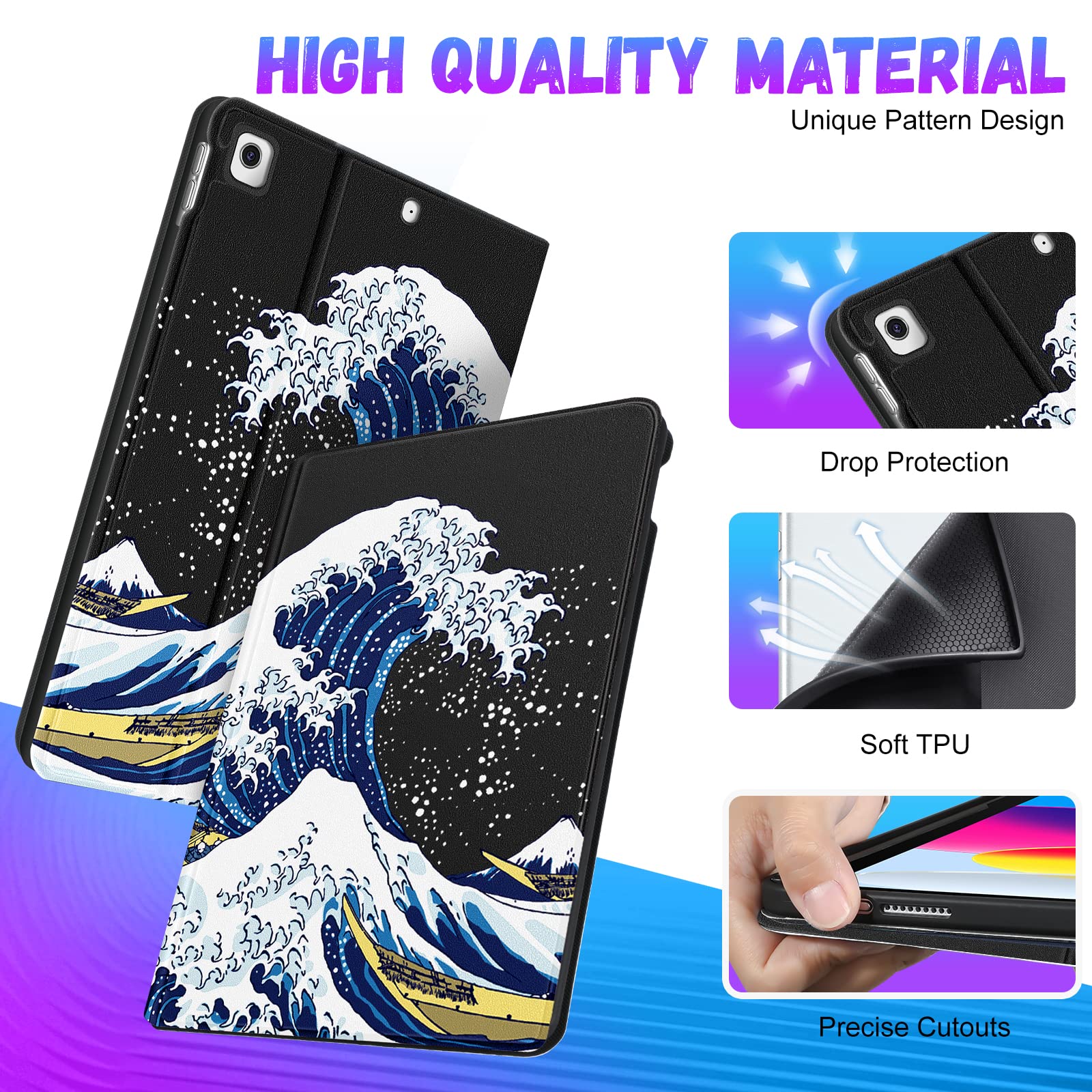 Uppuppy For Ipad 9Th/8Th/7Th Generation Case 10.2 Inch Cute Boys Kids Folio Smart Cover With Pencil Holder Great Wave Design Men