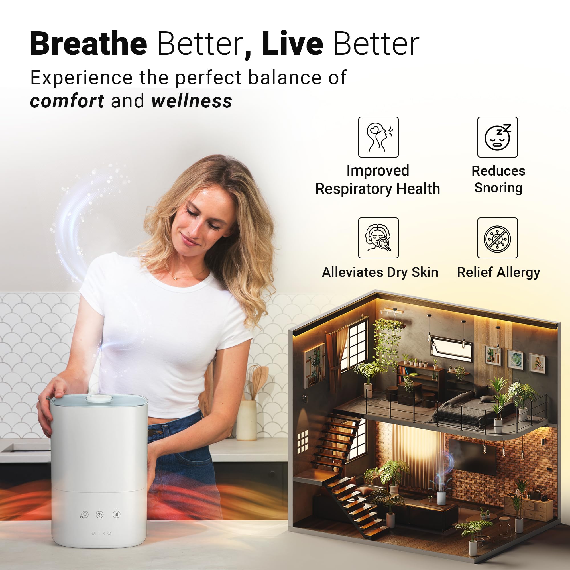 Miko Ultrasonic Humidifiers For Large Room & Bedroom  Water Filter, Auto Mode, No Leak Design, Sleep Mode, Built In Timer, Humid
