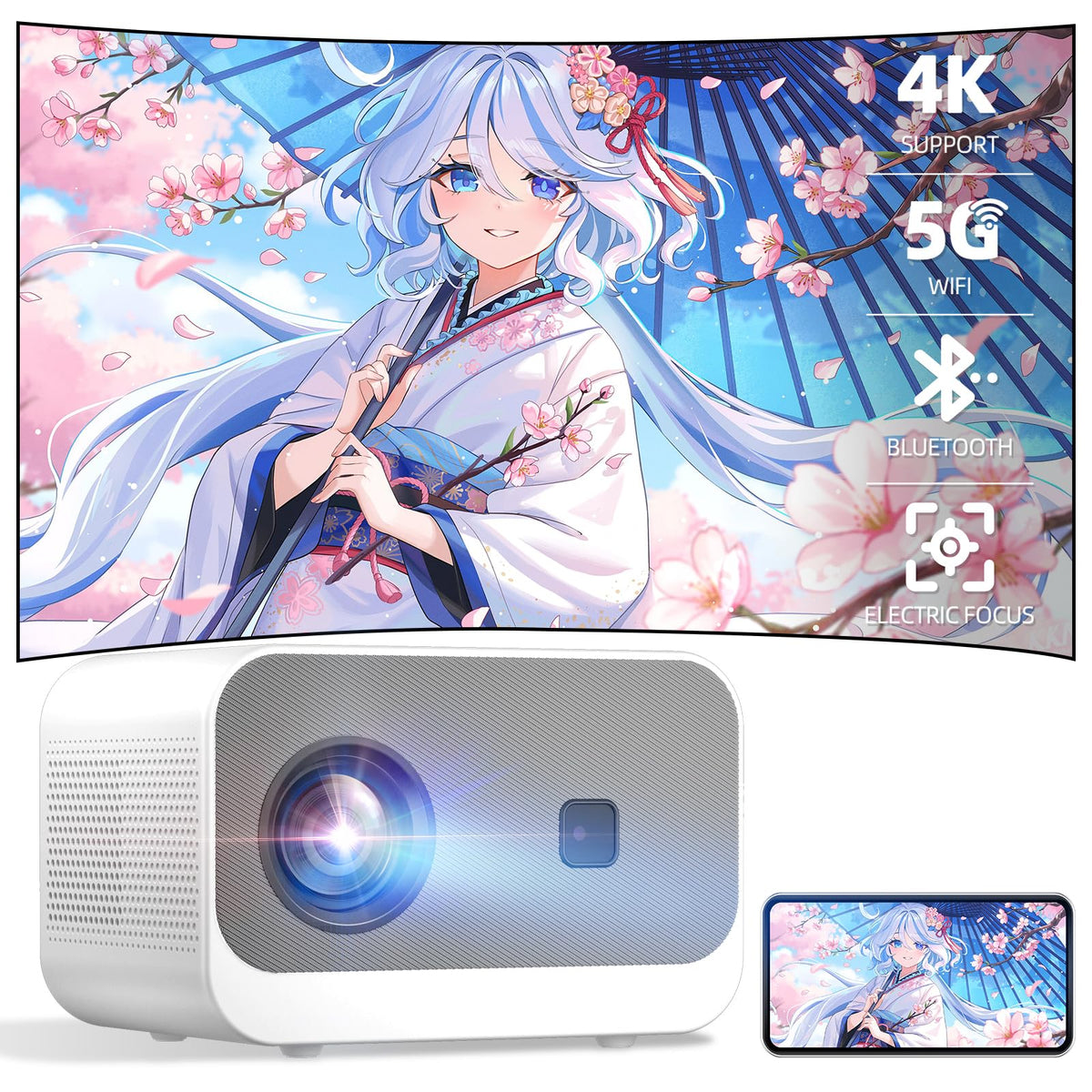 Mini Projector, 20000Lm 4K Projector With Wifi Bluetooth Native 1080P, Fhd 1080P Hifi Portable Outdoor Movie Projector Max 300  