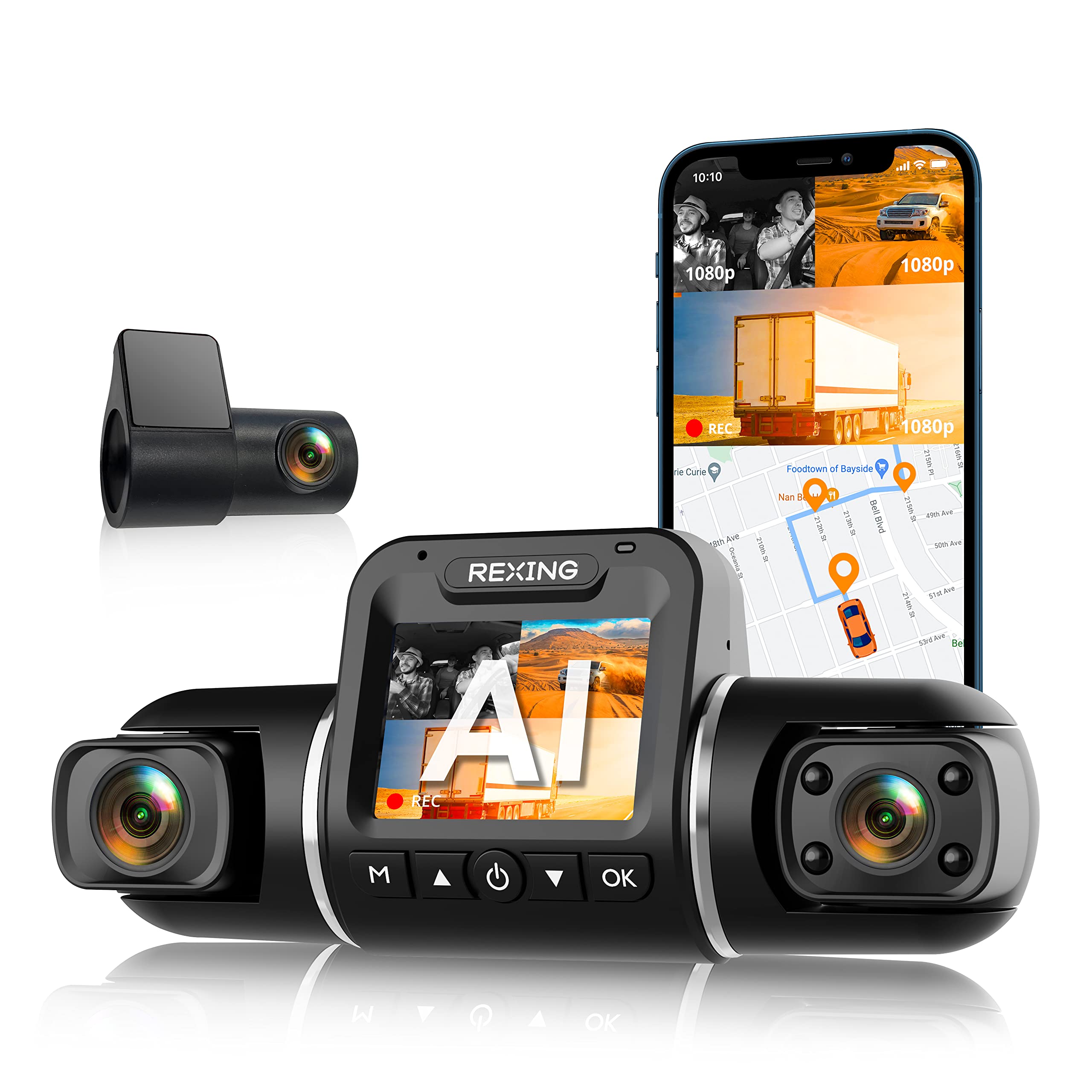 Rexingusa V2 Pro Ai Dash Cam 3 Channel Front/Cabin/Rear 1080P Recording With Mobile App Night Vision Camera W/Front Collision Wa