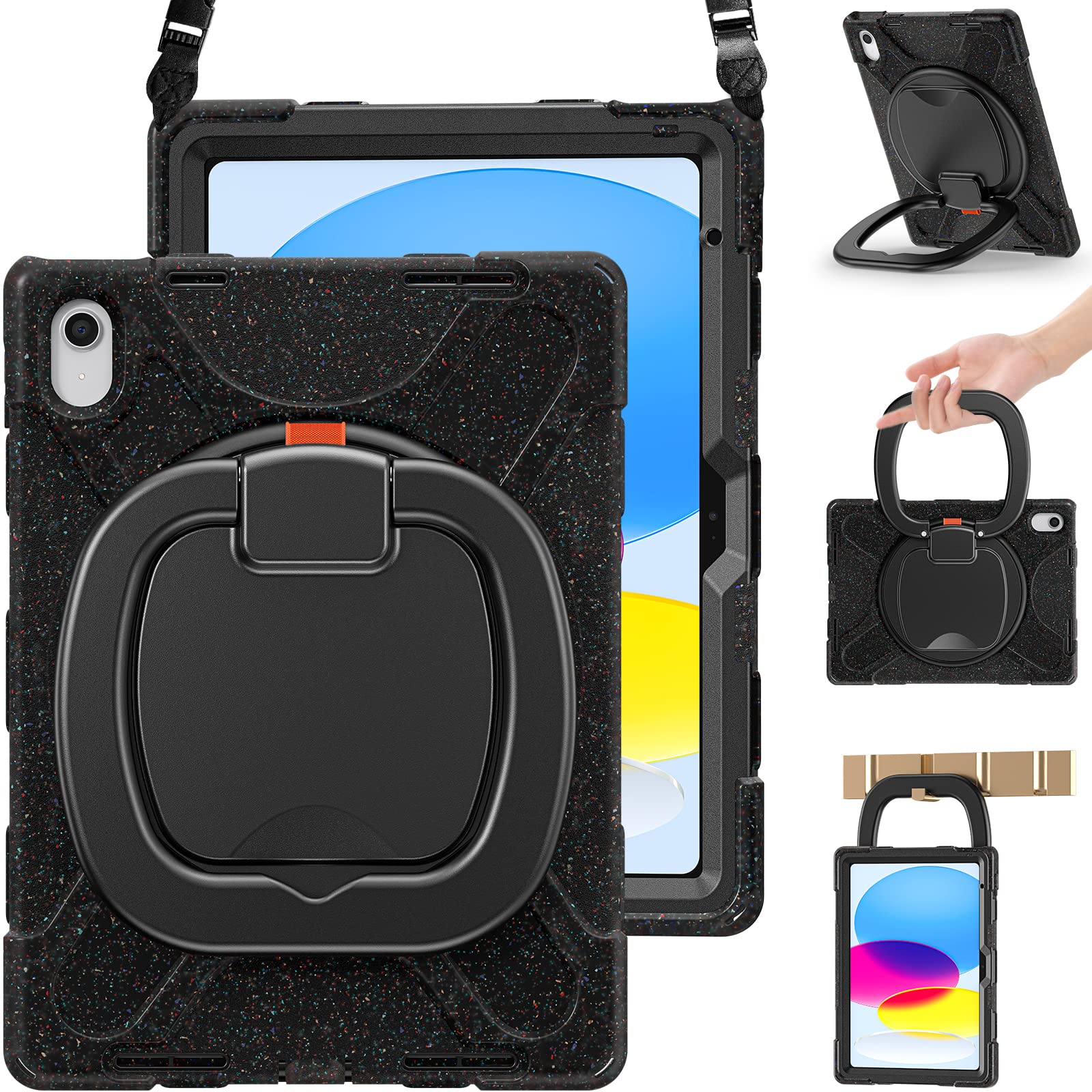 Braecn Case For Ipad 10Th Generation 2022 10.9    A2696 A2757 A2777, Heavy Duty Rugged Silicone Case With Swivel Ring Stand/Kick