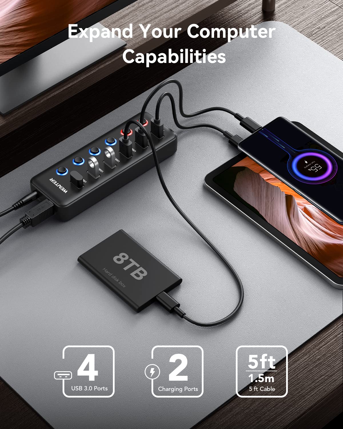 Powered Usb Hub, Wenter 6 Port Usb 3.0 Hub Splitter (4 Usb 3.0 Data Ports + 2 Qc 3.0 Fast Charging Ports) With Individual Led On/Off Switches, Usb Hub 3.0 Powered With 36W Ac Adapter For Mac, Pc