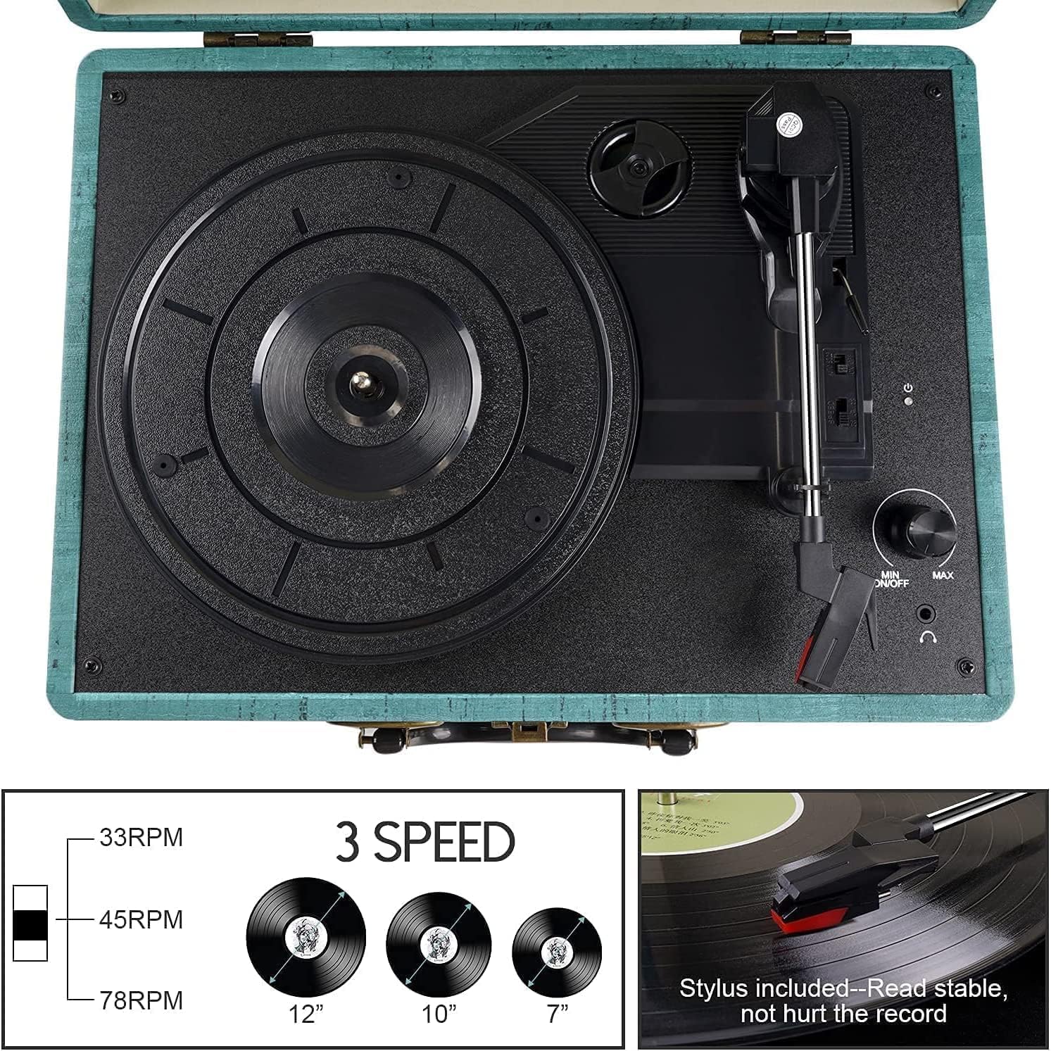 Mersoco Bluetooth Record Player Turntable 3 Speed Vinyl-to-MP3 Recording Suitcase Blue Plastic