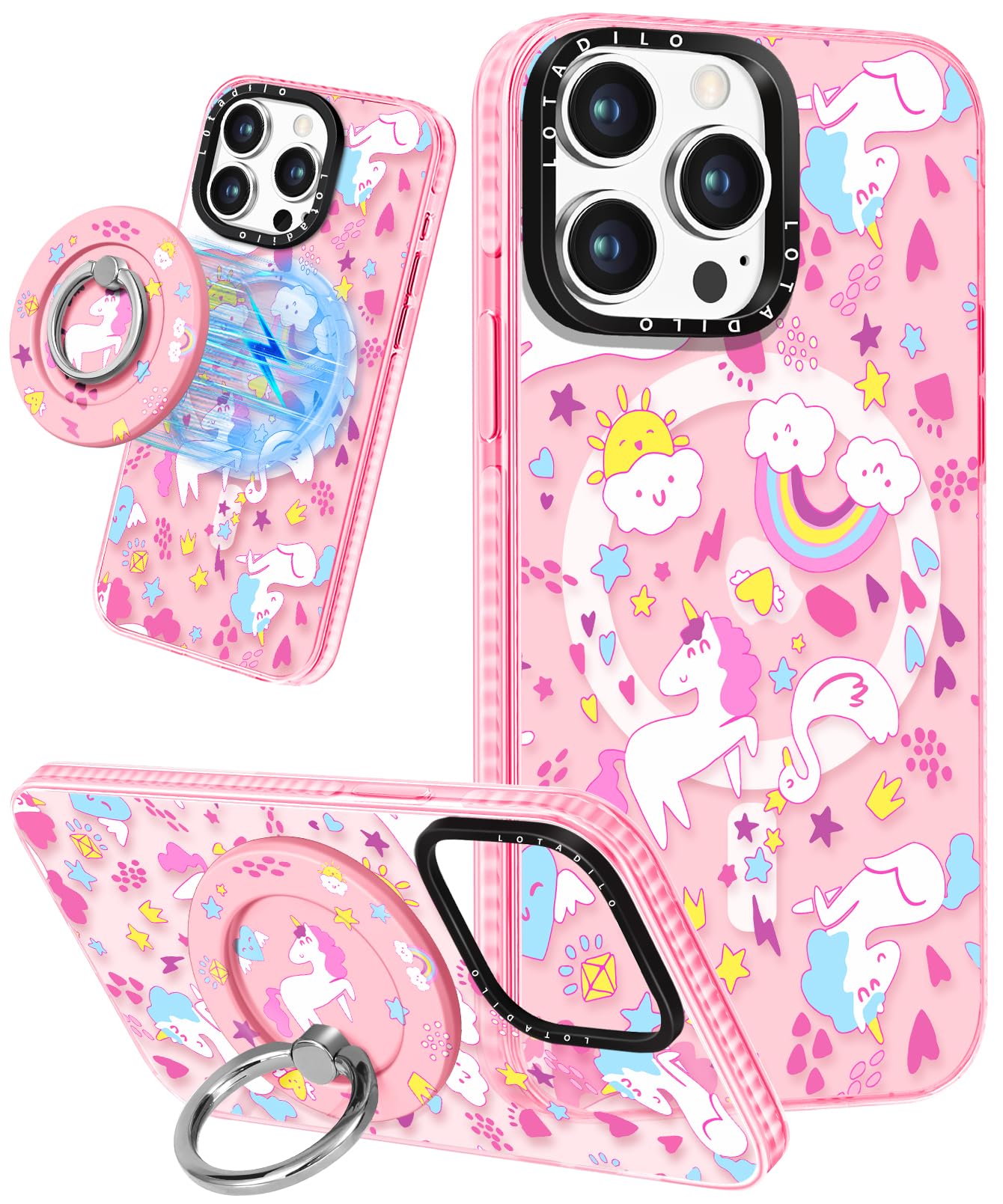 Lotadilo For Iphone 15 Pro Max Case For Women - Girls Cute Design Compatible With Magsafe Magnetic Ring Holder Stand Rainbow Hor