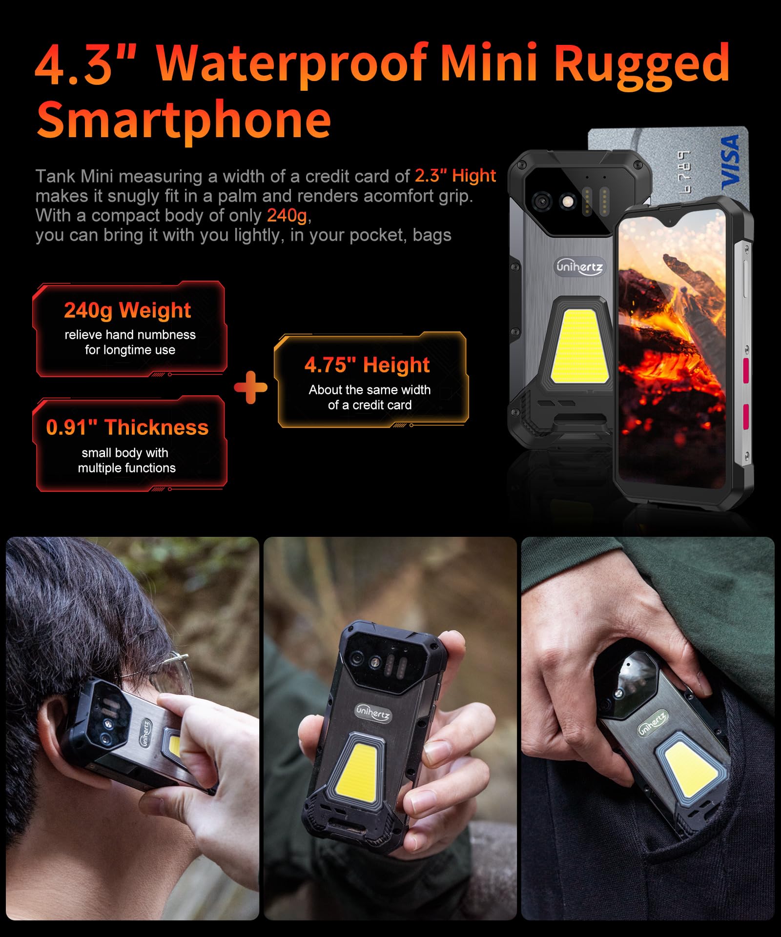 8849Pro Tank Mini, 4.3 Android 13 Outdoor Rugged Smartphone Unlocked, Waterproof 4G Mobile Cell Phones With Camping Light, 15Gb