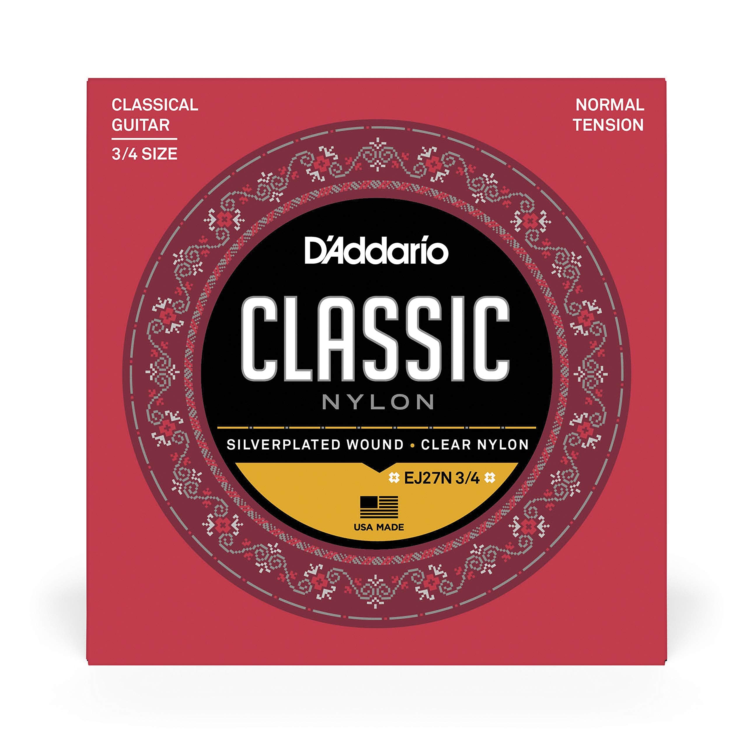 Daddario Student Nylon Classical Guitar Strings, Ej27N, Normal Tension, 3/4 Scale, 6-String Set, Pack Of 1
