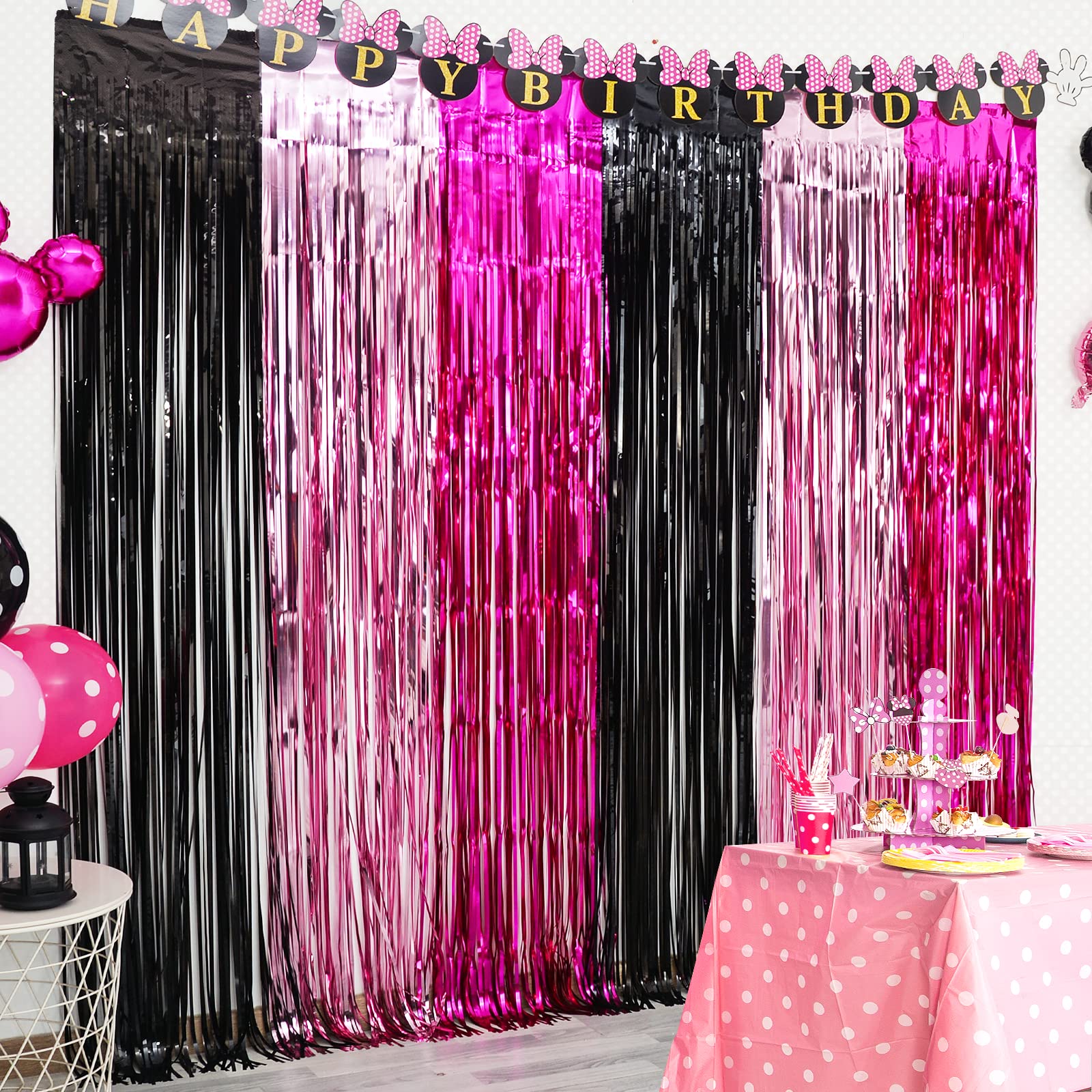Lolstar 3 Pack Minnie Birthday Party Supplies,3.3X6.6 Ft Black Pink Fuchsia Tinsel Foil Fringe Curtains,Cartoon Mouse Photo Boot