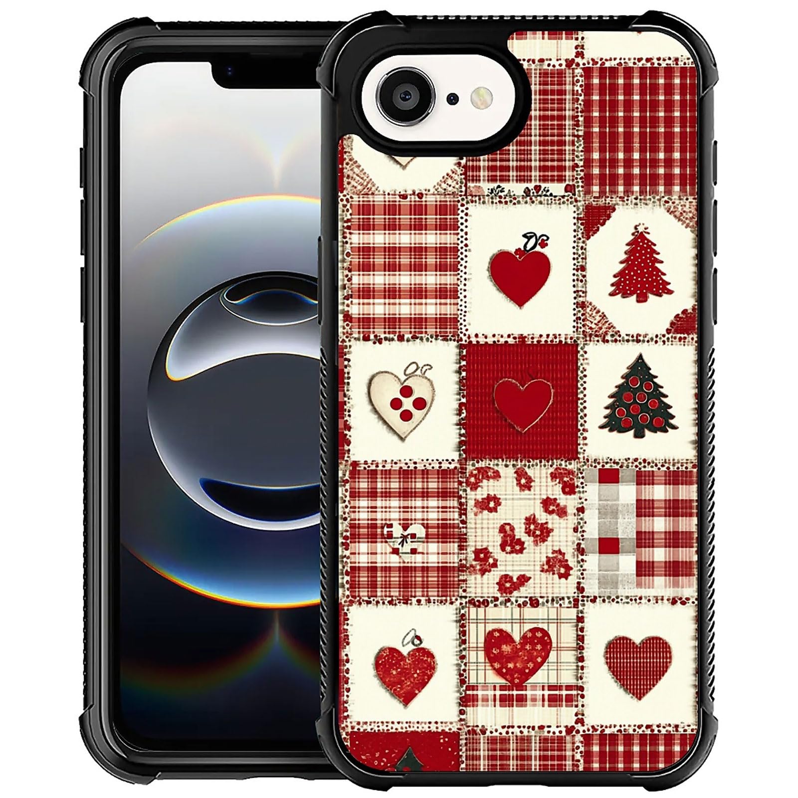 XUANWENPA for iPhone 16E Case,The Black Shell Design is Bright,Anti Drop and Dust-Proof,Christmas Tree and Checkered Heart.