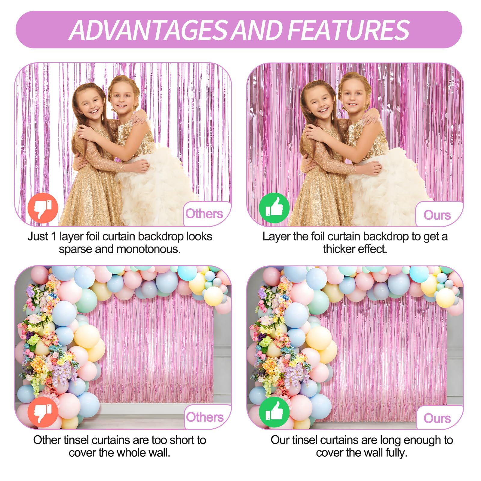 2 Pack Pink Foil Fringe Curtains Streamers Party Decorations 3.3 X 8.2 Ft, Pink Tinsel Curtain Fringe Backdrop For Parties, Door