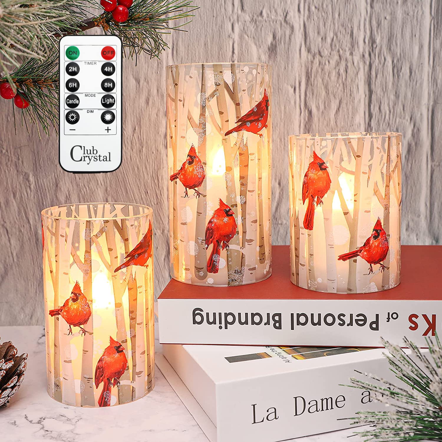 Crystal Club Flameless Candles, Cardinal Theme, (Set Of 3) Battery Operated Led Candles With Remote, Real Wax & Glass Effect Can