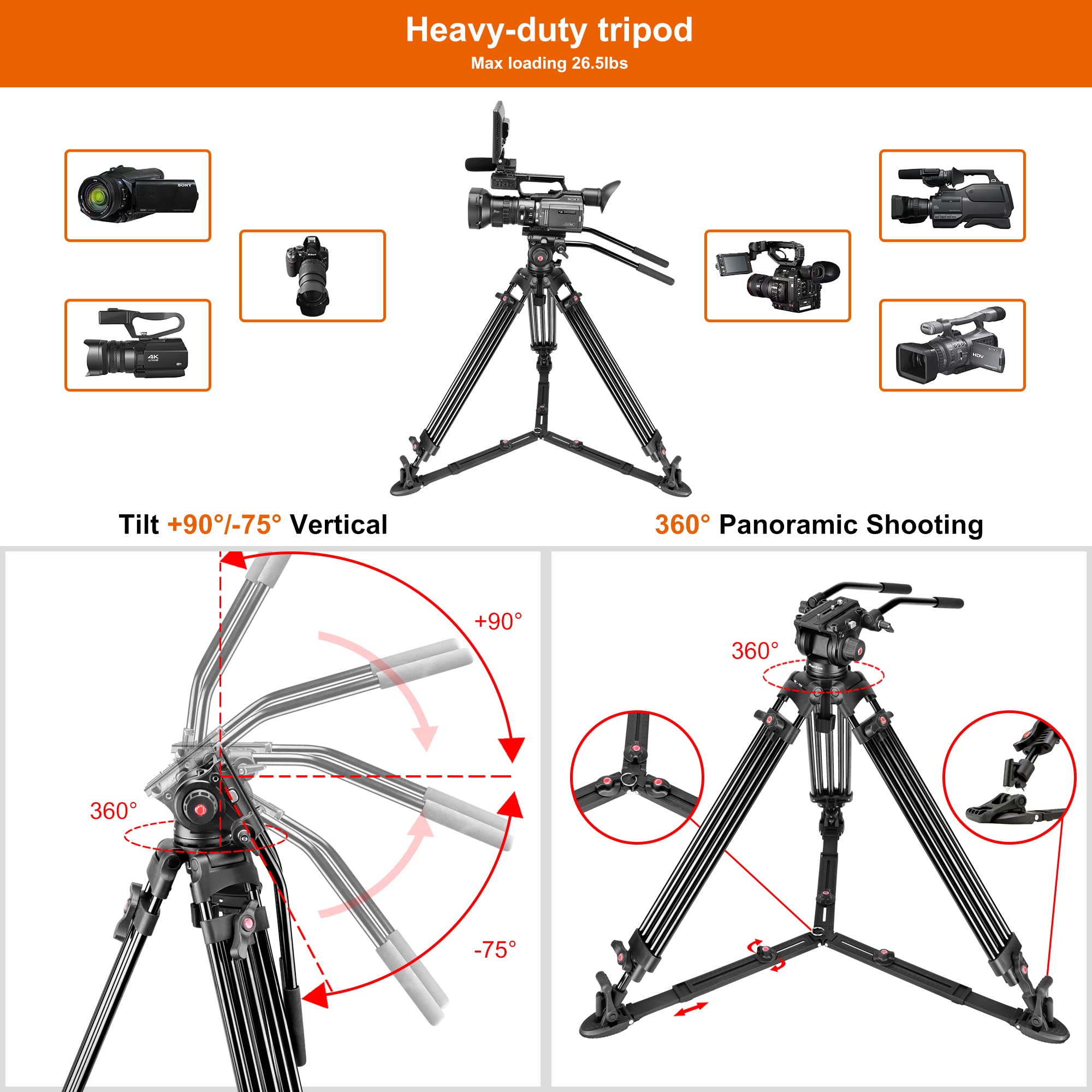 Magicline 68.7 Inch Heavy Duty Aluminum Video Camera Tripod With Fluid Head, 2 Pan Bar Handles, Adjustable Ground Spreader,Qr Pl