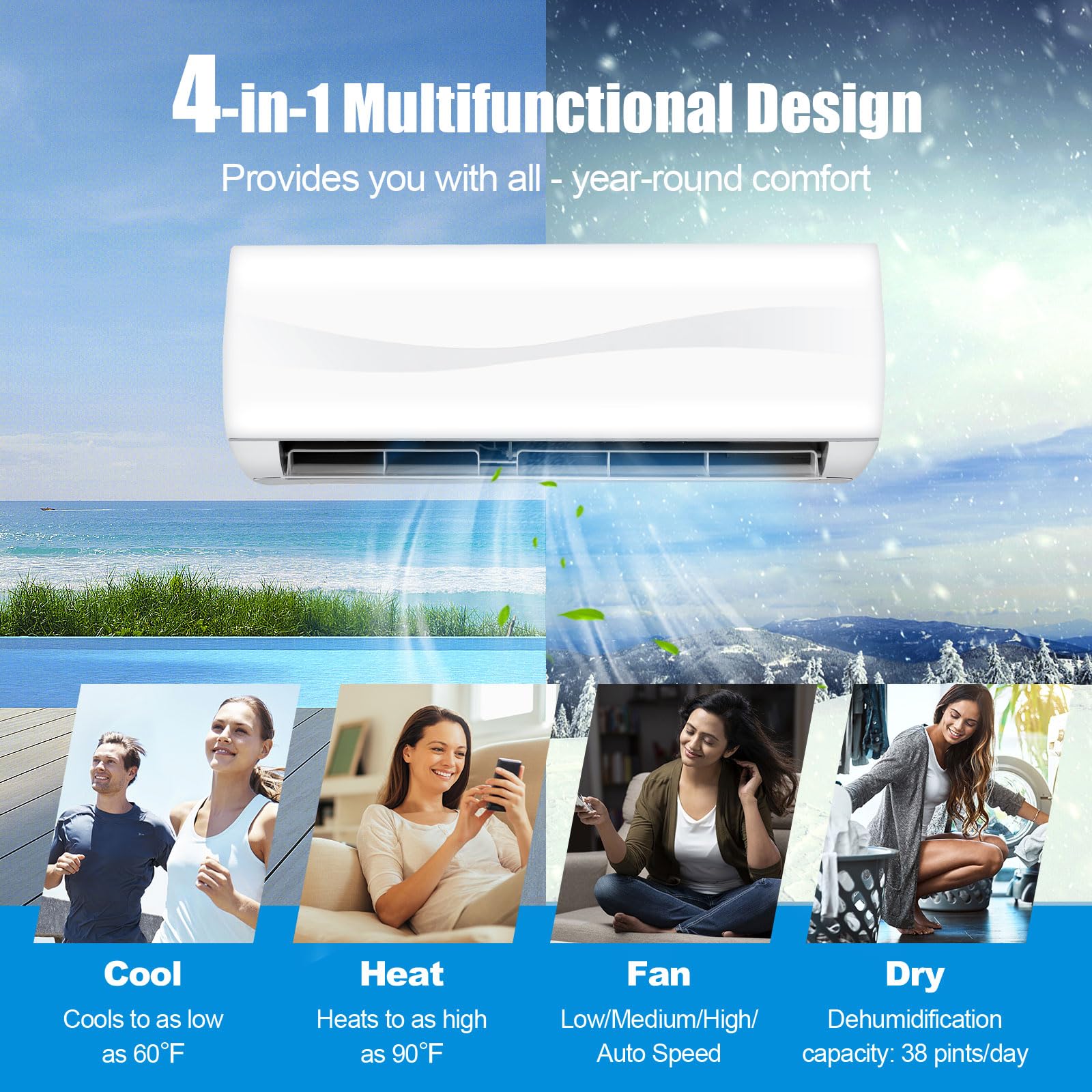 Relax4Life Mini Split Ac/Heating System, 9000 Btu Ductless Mini Split Air Conditioner W/Heat Pump, Remote Control, Cools Up To 4