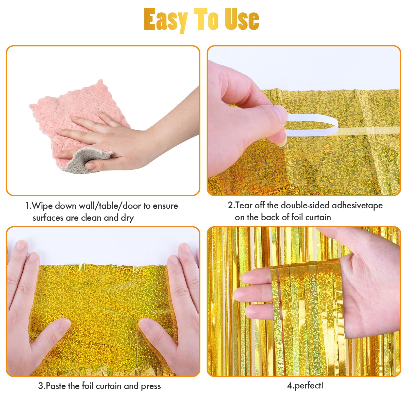 Canrevel 2 Pack 3.3X8.2 Feet Laser Gold Foil Fringe Backdrop Curtains, Tinsel Streamers Birthday Party Decorations, Fringe Backd