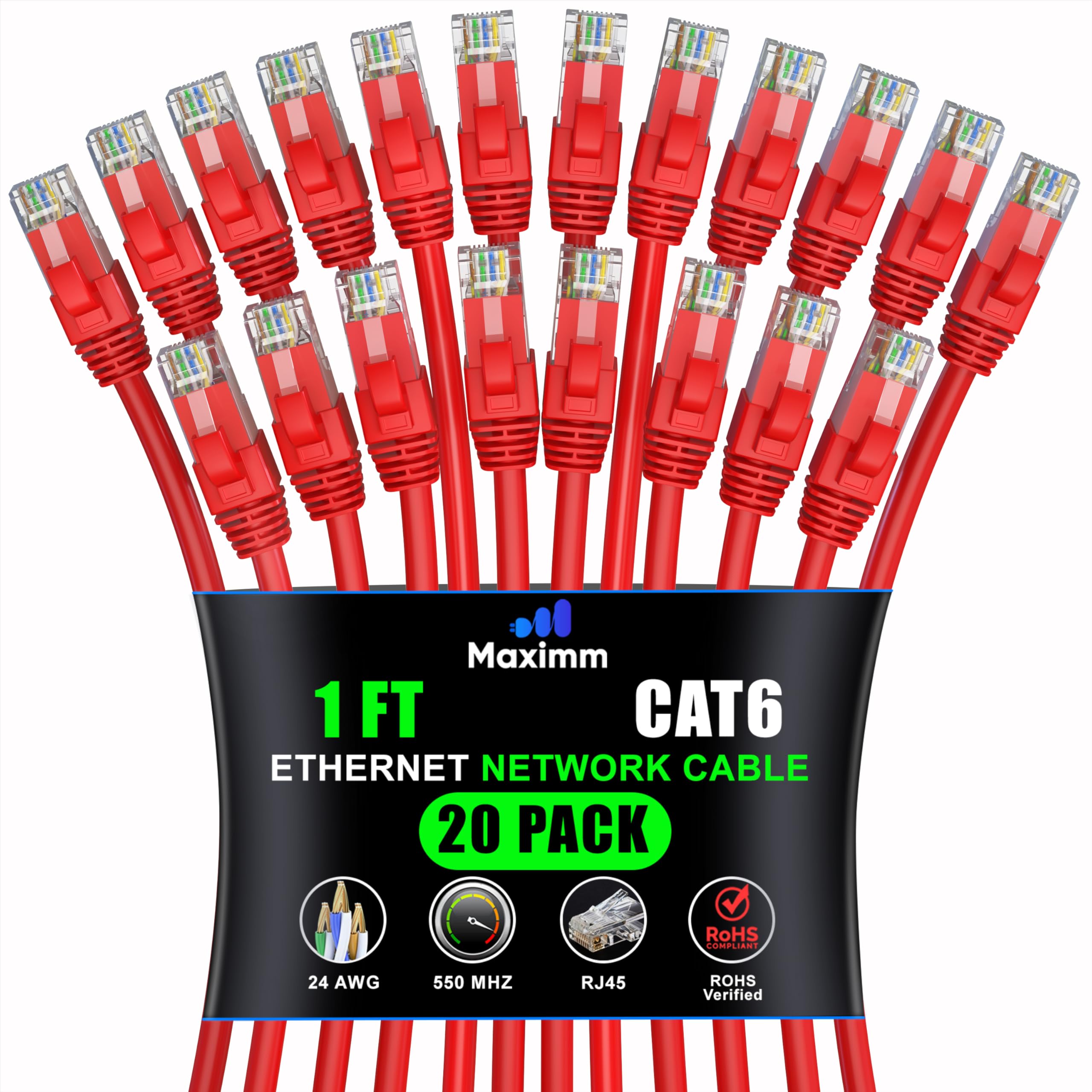 Maximm Cat 6 Ethernet Cable 1 Ft (20 Pack)   High Speed Lan Cable, Internet Cable, Patch Cable, And Network Cable   Utp, 10Gbps, 550Mhz Ethernet Cord   Red
