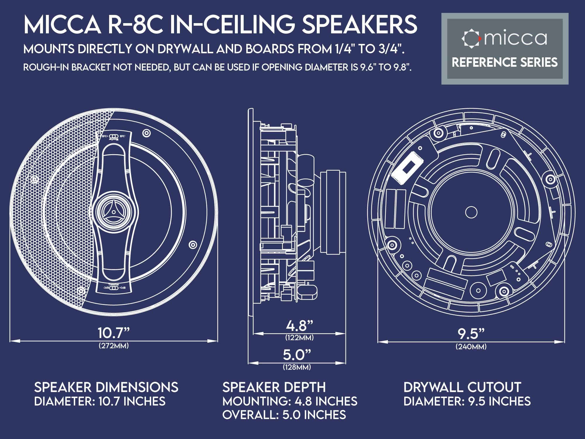 Micca Reference Series R-8C 2-Way In Ceiling In Wall Speaker, 8 Inch Woofer, 1-Inch Pivoting Aluminum Dome Tweeter, Tone Control