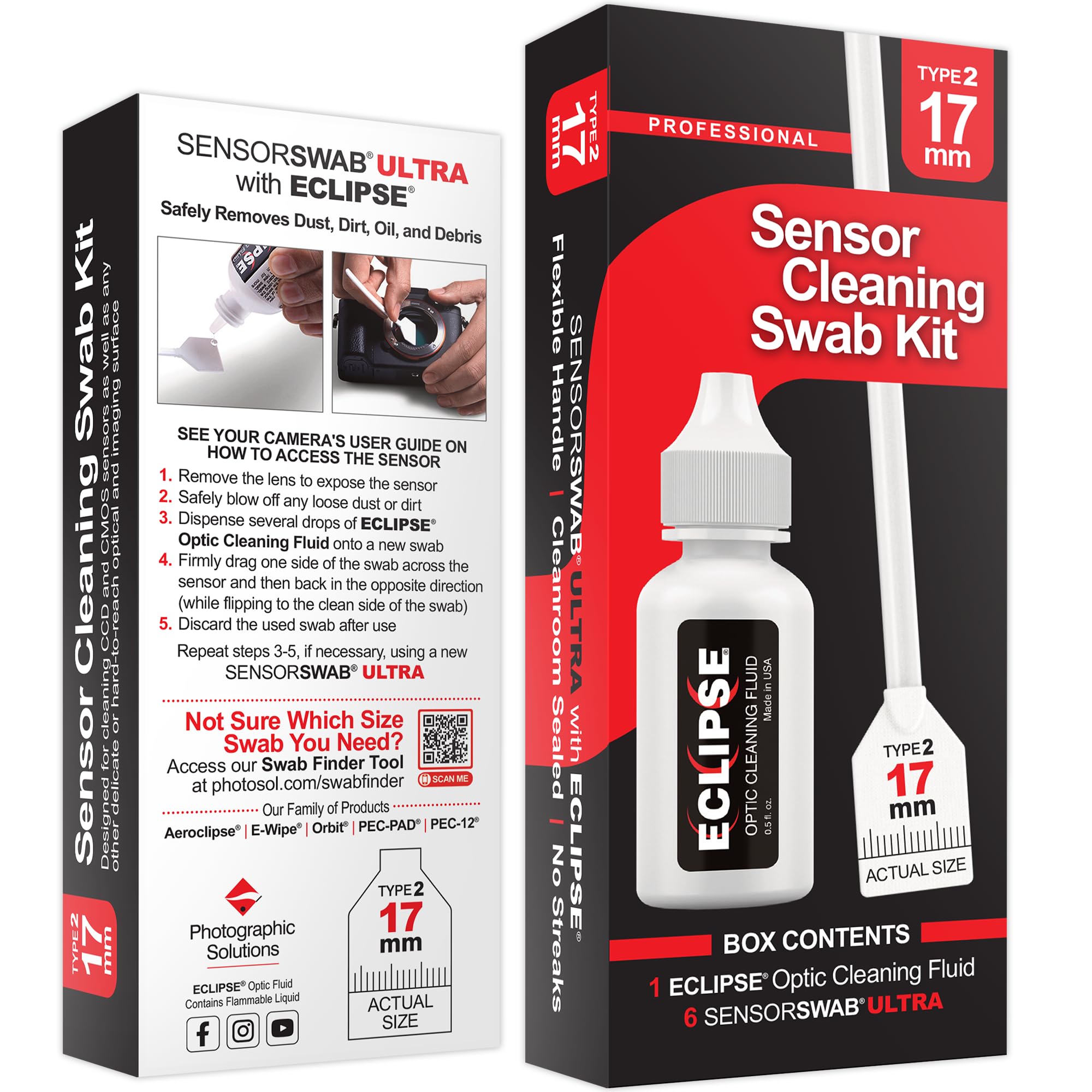 Sensor Cleaning Swab Kit   Eclipse Optic Cleaning Solution (0.5Oz/15Ml) + Type 2 Sensor Swab Ultra 17Mm (Pack Of 6)   For Aps C Cmos And Ccd Sensors   Dust & Oil Remover