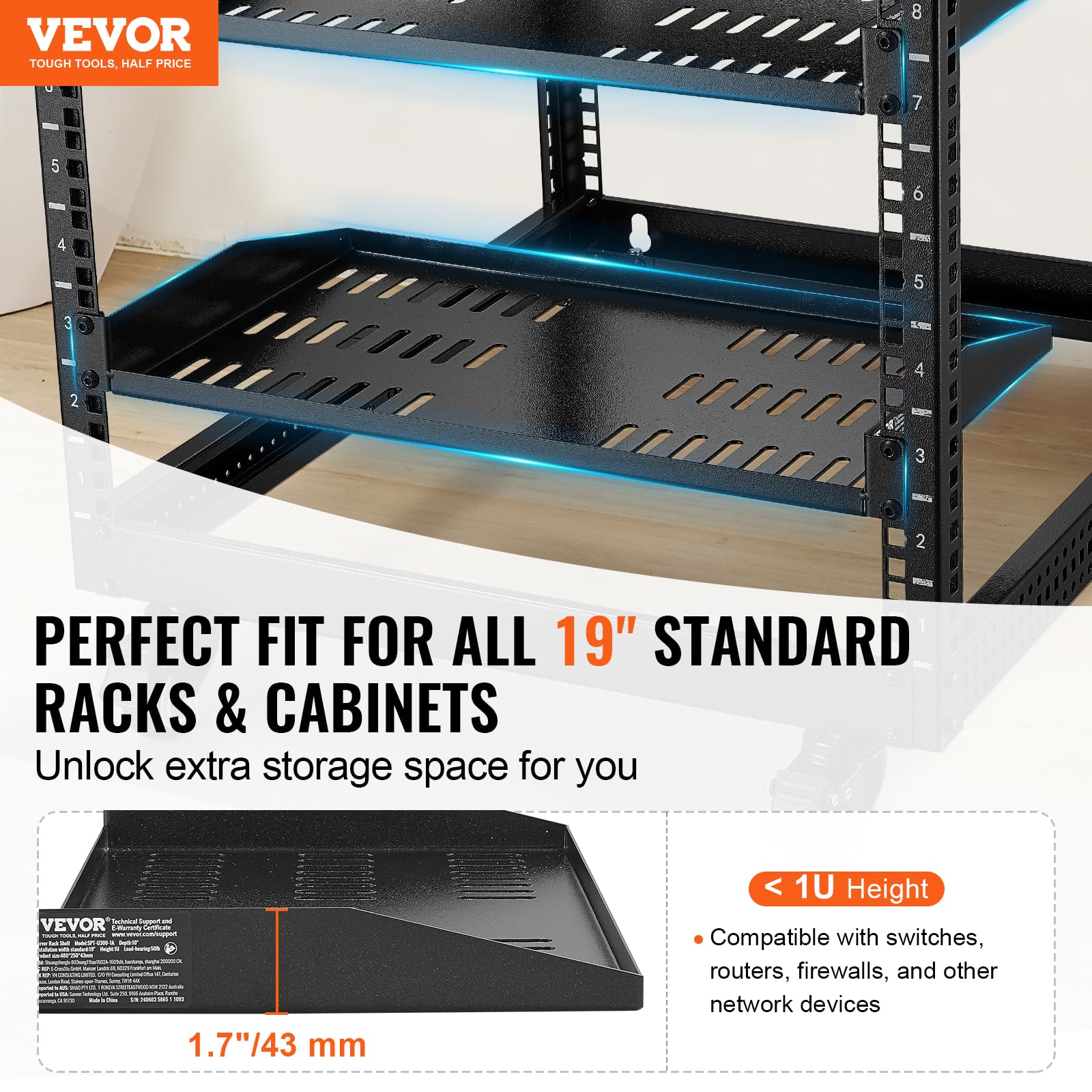 Vevor 4Pcs 1U Server Rack Shelf, Universal Vented Rack Mount Cantilever Tray For 19 Network Equipment Rack & Cabinet, 10 Deep Ra