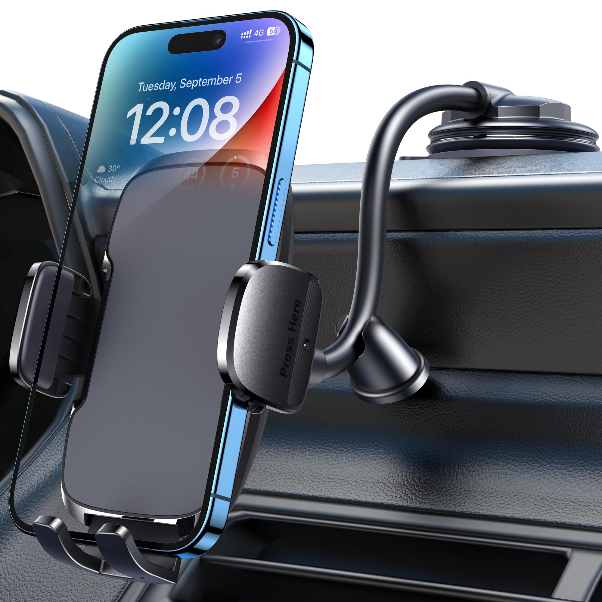 Fesiyoye Phone Mount For Car [6.2In Flexible Arm] Cell Phone Holder For Windshield Dashboard [Washable Strong Suction] Automotiv