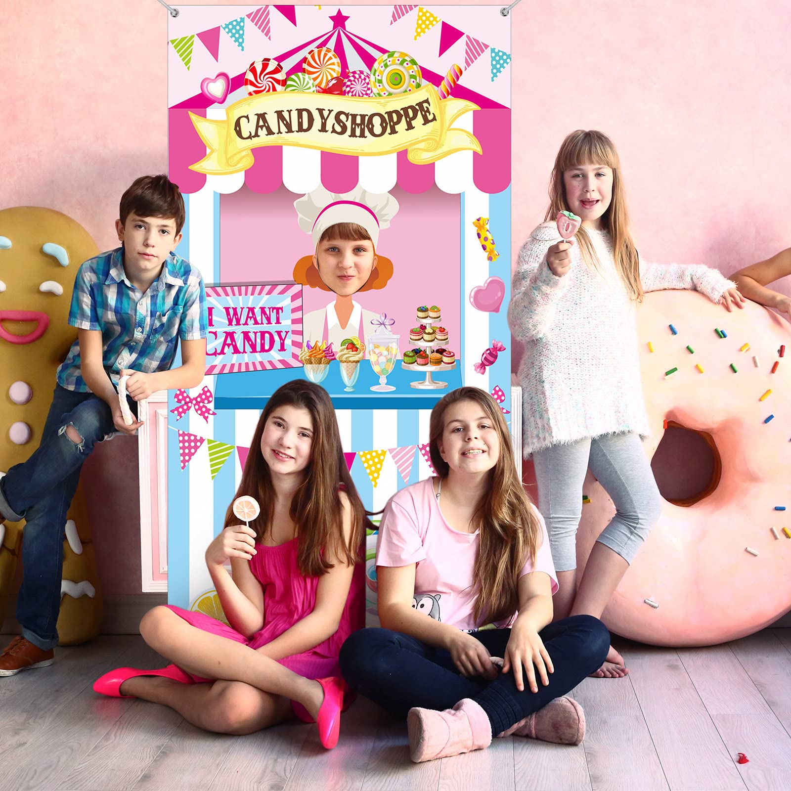 Candy Shop Party Decoration Sweet Shoppe Hanging Banner Background Carnival Photo Door Decor Backdrop Props 70.87 X 35.43 Inch L