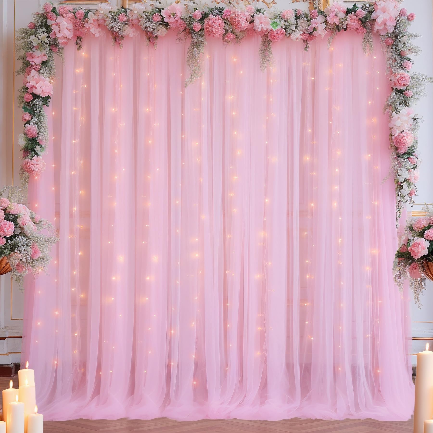 10X8Ft Baby Pink Tulle Backdrop Curtain With Lights String For Parites, Sheer Backdrop Curtains For Wedding Baby Shower Birthday