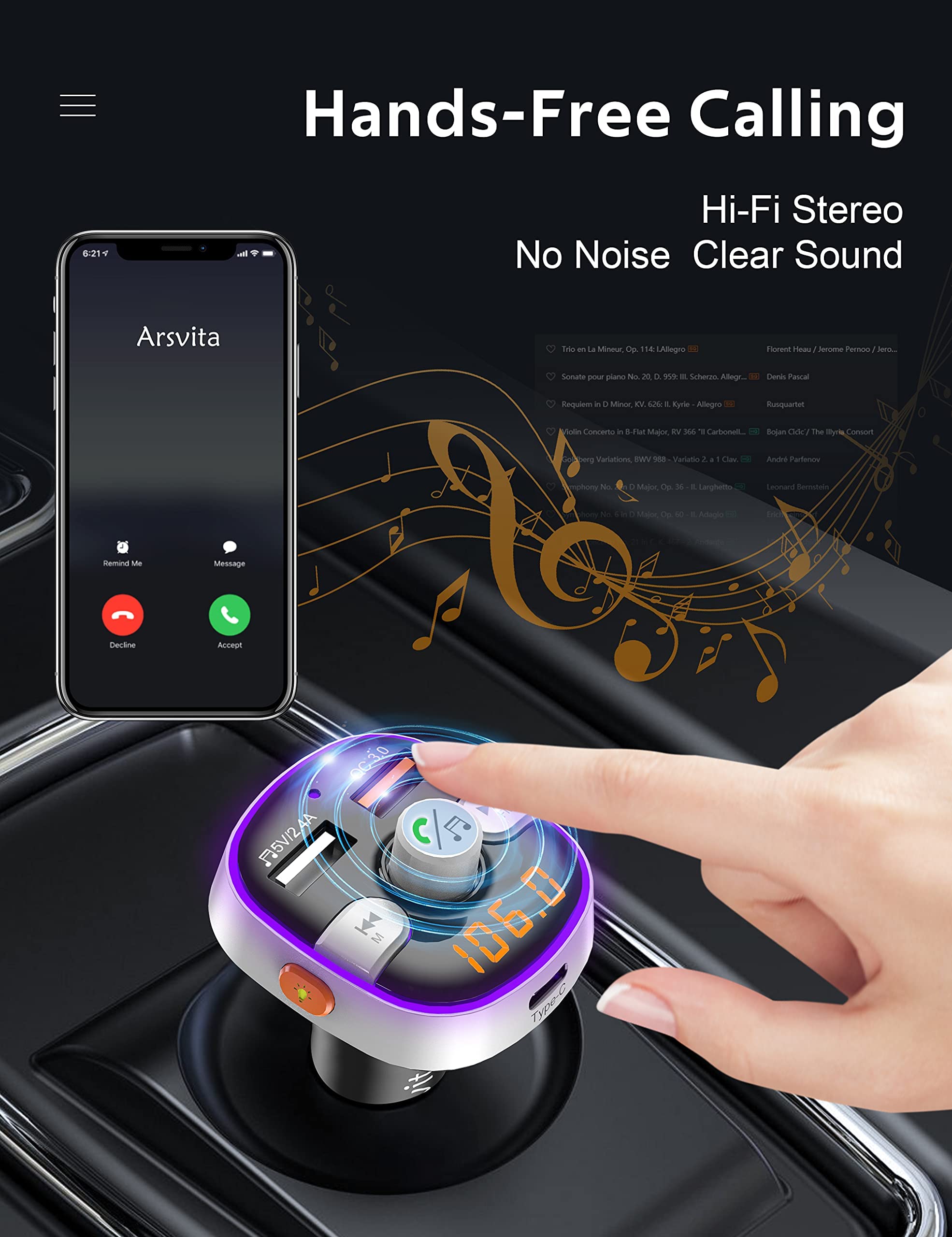 Arsvita Bluetooth Fm Transmitter For Car, Radio Receiver/Audio Adapter With Type C Pd Charger, Support Qc3.0 Quick Charging, Hands Free Calling And Hi Fi Sound Playback, Silver
