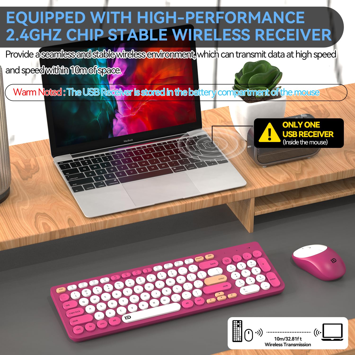 Tkvpjyyi Wireless Keyboard And Mouse Combo, 2.4Ghz Usb Cordless Round Keys Set For Laptop, Computer, Tv (White+Rose Red)