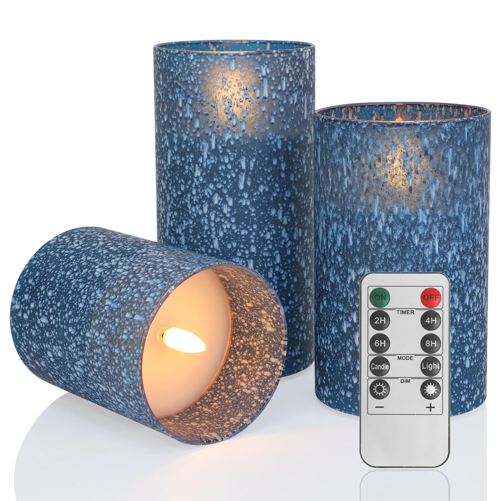 Blue Flickering Flameless Candles With Remote And Timer, Battery Operated Candles With Flickering Flame, Raindrop Decorative Gla