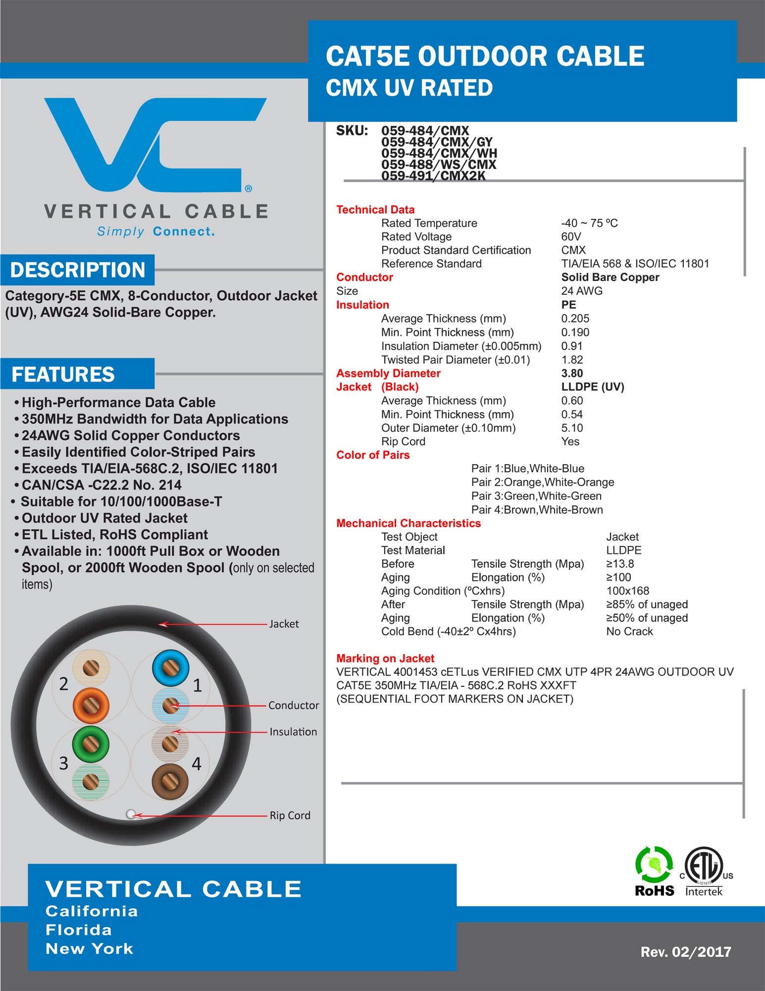Vertical Cable Cat5E, 350 Mhz, Utp, Uv Jacket, Outdoor, Cmx, 1000Ft, Bulk Ethernet Cable, Gray