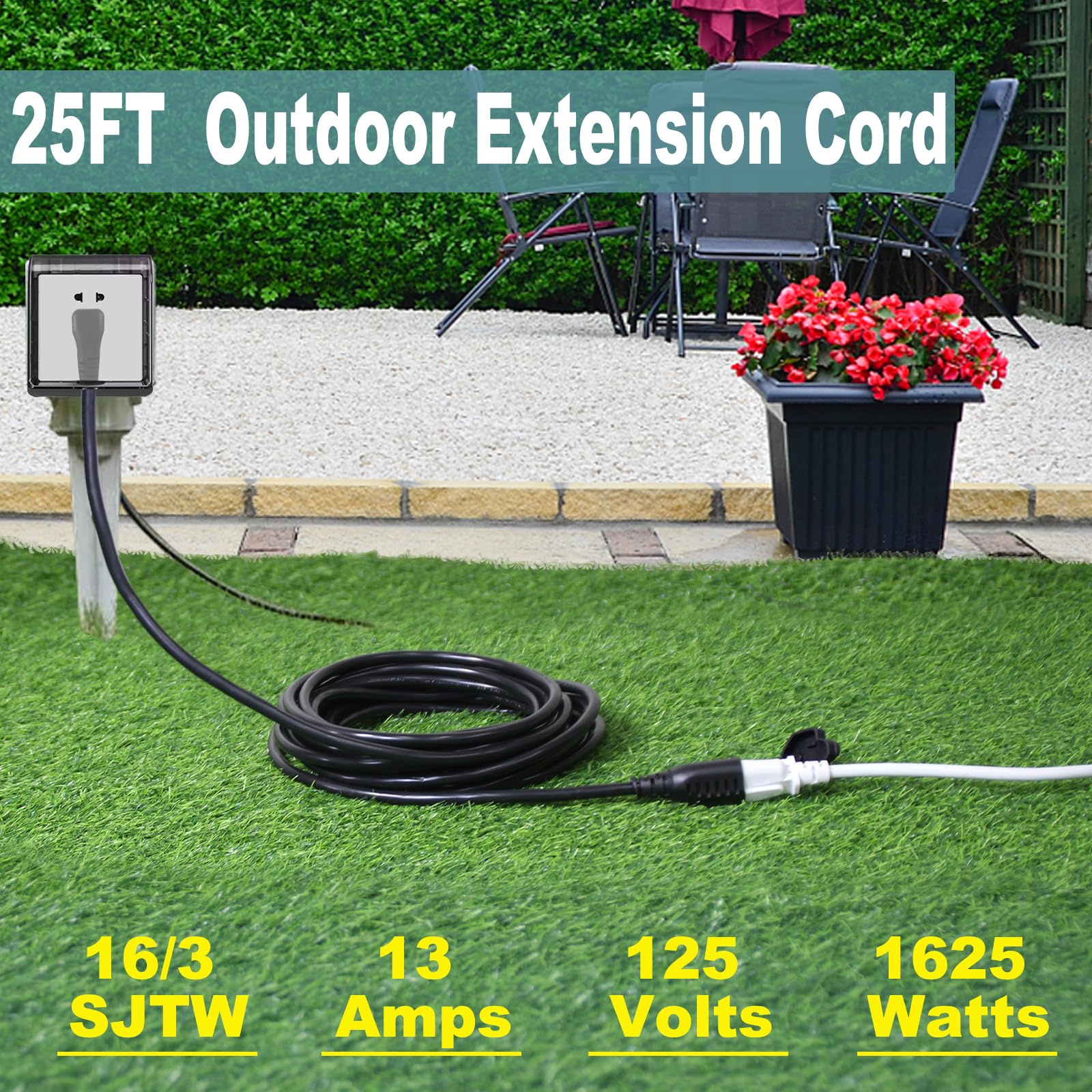 25Ft Black Outdoor Extension Cord With Flat Plug   Single Waterproof Outside Sjtw 16Gauge Extension Cord, Rating For 125V 13A 16