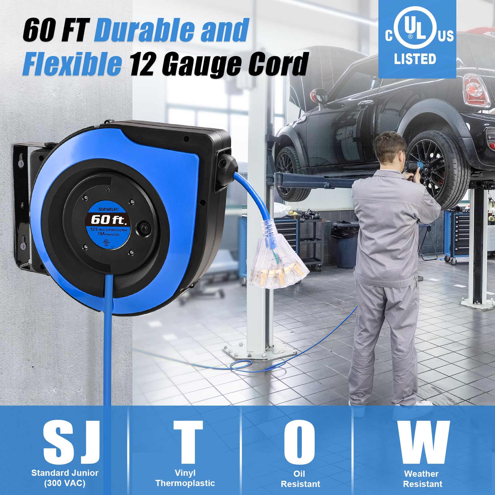Suraielec 12 Gauge Retractable Extension Cord Reel, 60 Ft 12 Awg/3C Sjtow Heavy Duty Power Cord, 3 Outlets Triple Tap, 15 Amp Ci
