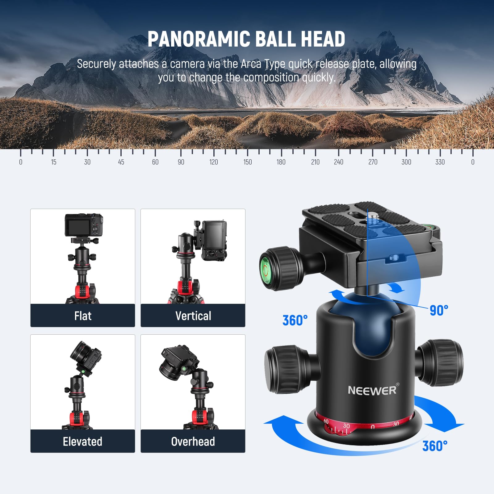 Neewer 79 Inch Camera Tripod Monopod With Center Column And Ball Head Aluminum, Arca Type Qr Plate, Bag, Horizontal Tripod Overh
