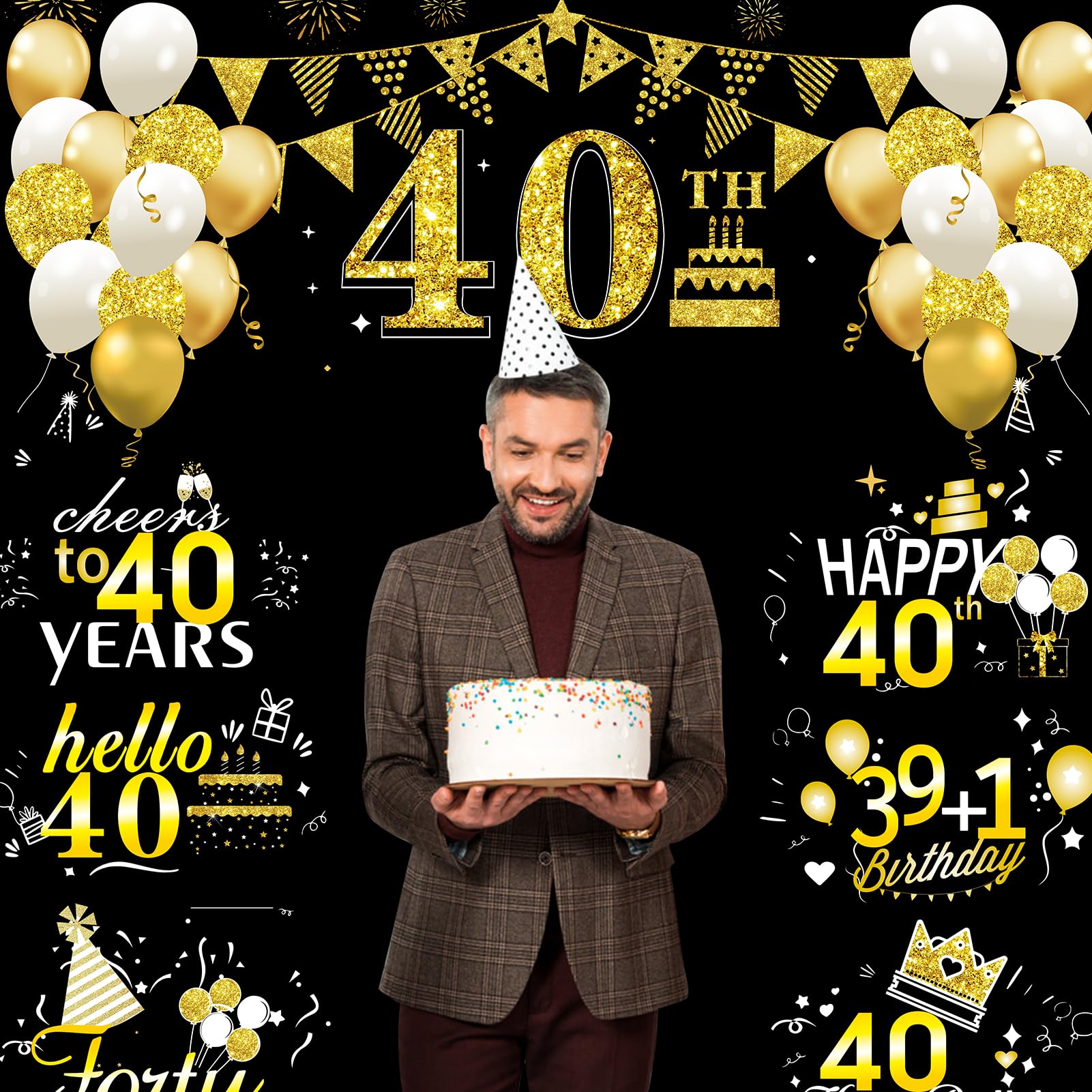 Large 40Th Birthday Decorations 40Th Birthday Photo Banner For Men Women, Black Gold Funny Cheers To 40 Years Birthday Party Sup