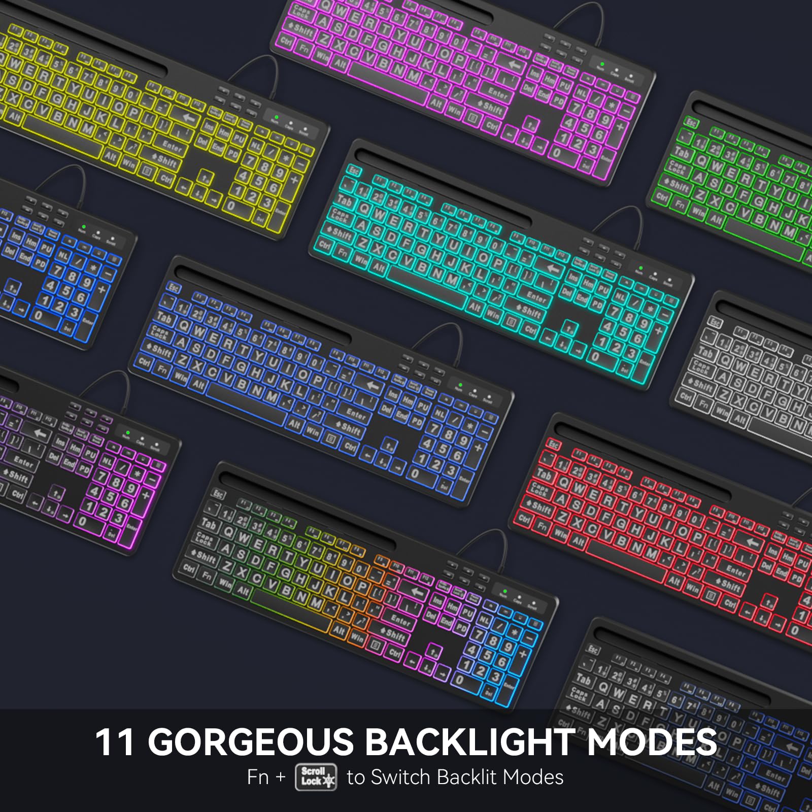 Marvo Large Print Backlit Keyboard, Wk712 Wired Computer Keyboard With 7 Colors & 11 Modes Backlight, Silent Light Up Keyboard With Tablet Phone Holder, Full Size Gaming Keyboard For Windows, Mac
