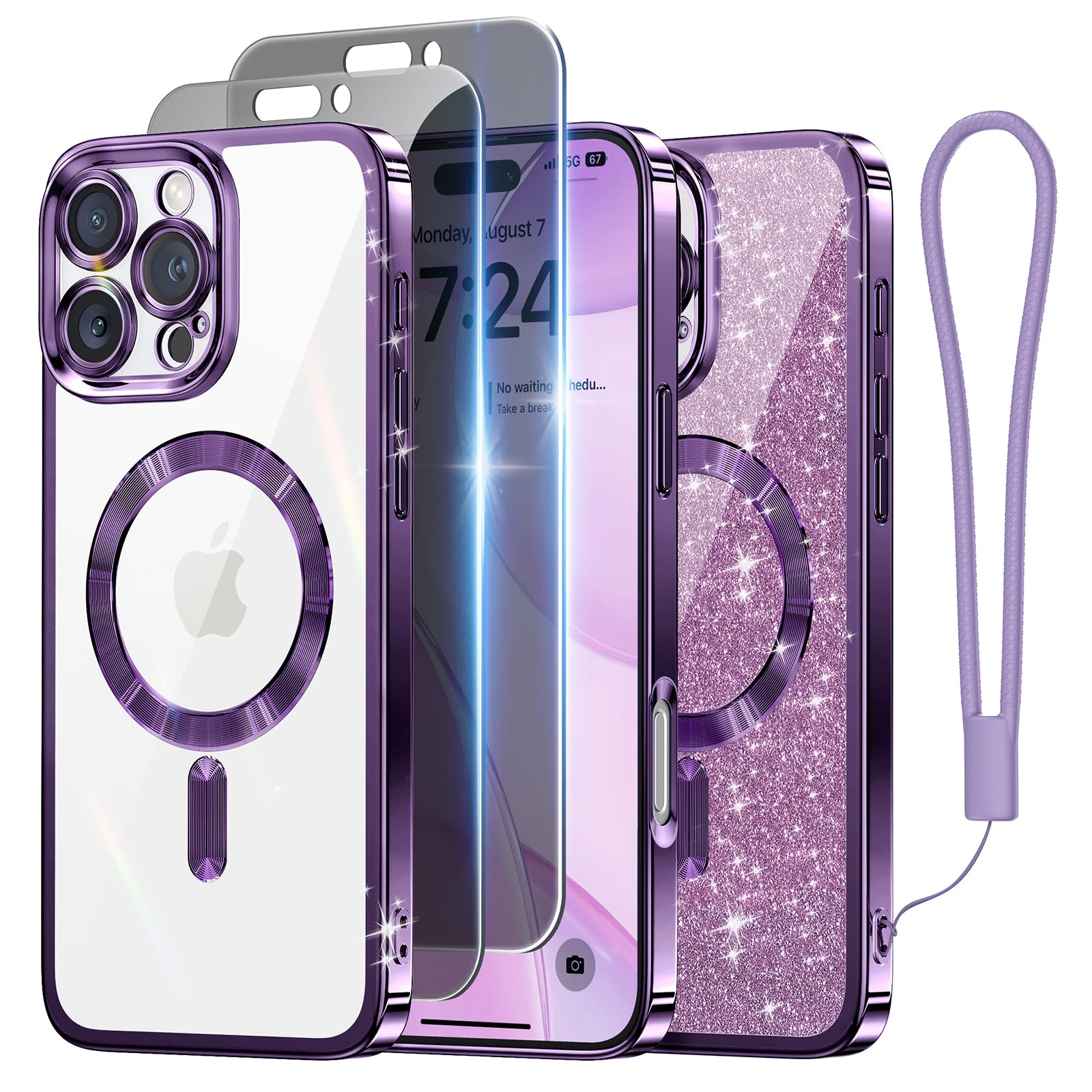 Meifigno Designed For Iphone 16 Pro Case 6.3'', [Glitter Card & Wrist Strap] [Compatible With Magsafe] [2X Privacy Screen Protec