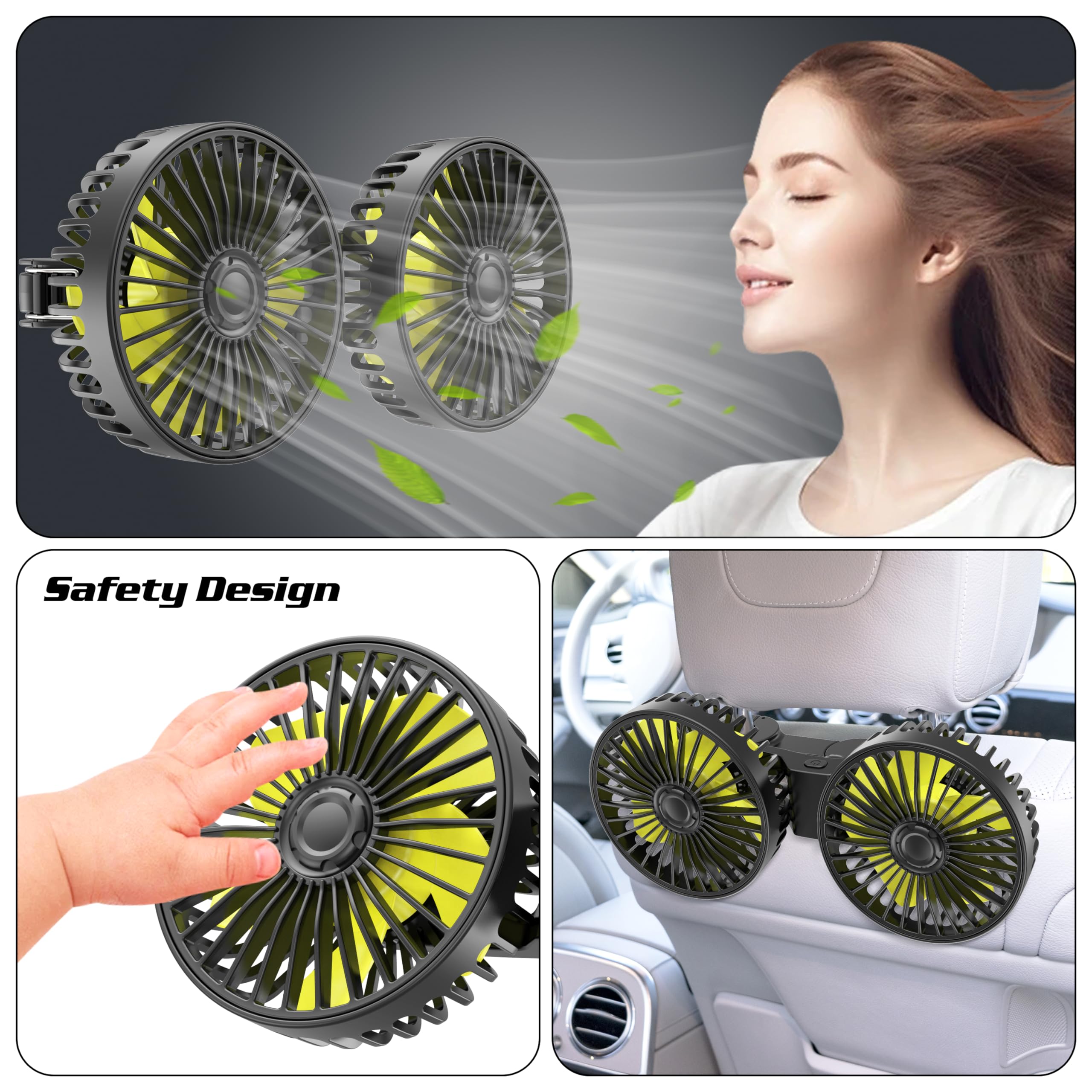 Wowok Car Fan For Rear Seat Passenger Dual Head Usb Car Seat Fan For Backseat Kids, 360 Rotatable 3 Speeds Air Circulation Fan F