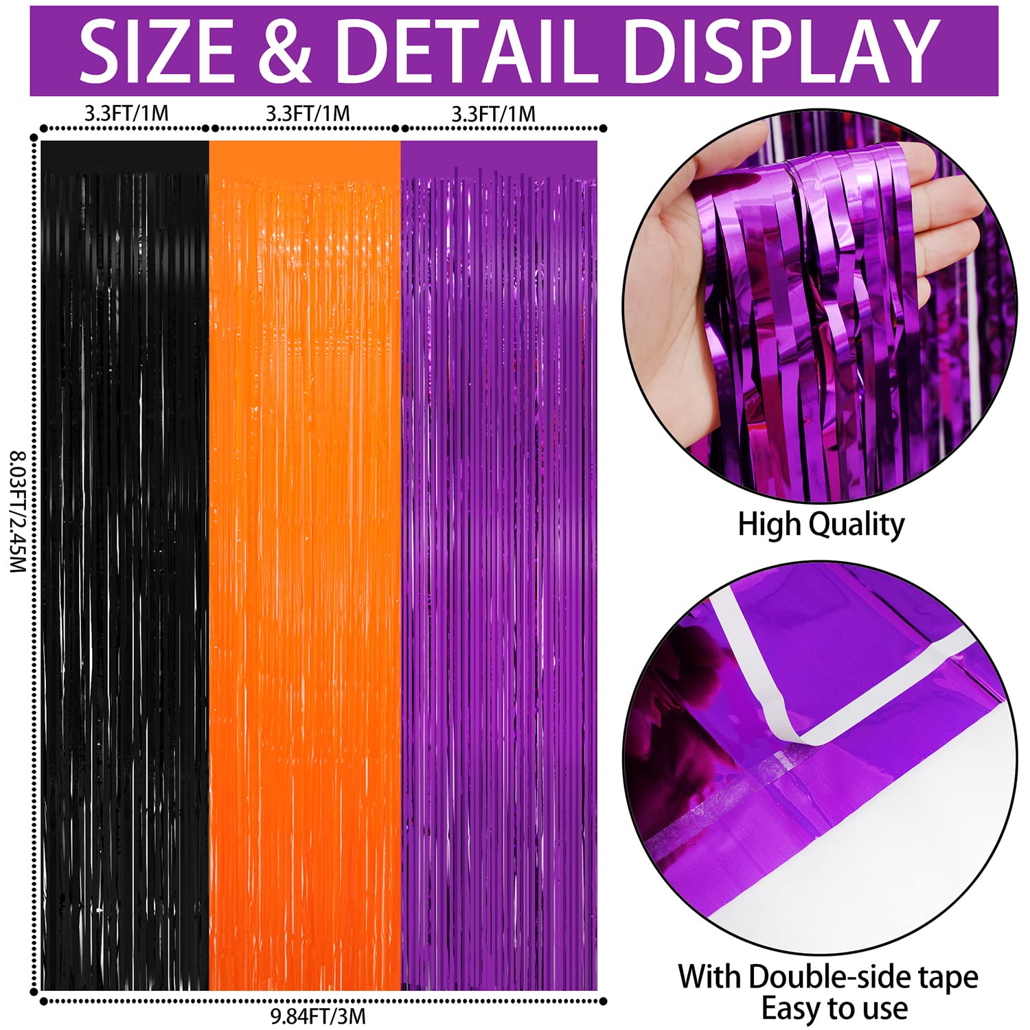 3 Pack Halloween Black Orange Tinsel Foil Fringe Curtain 8X9.84 Ft Backdrop Curtain Black And Orange Streamers For Home Outdoor